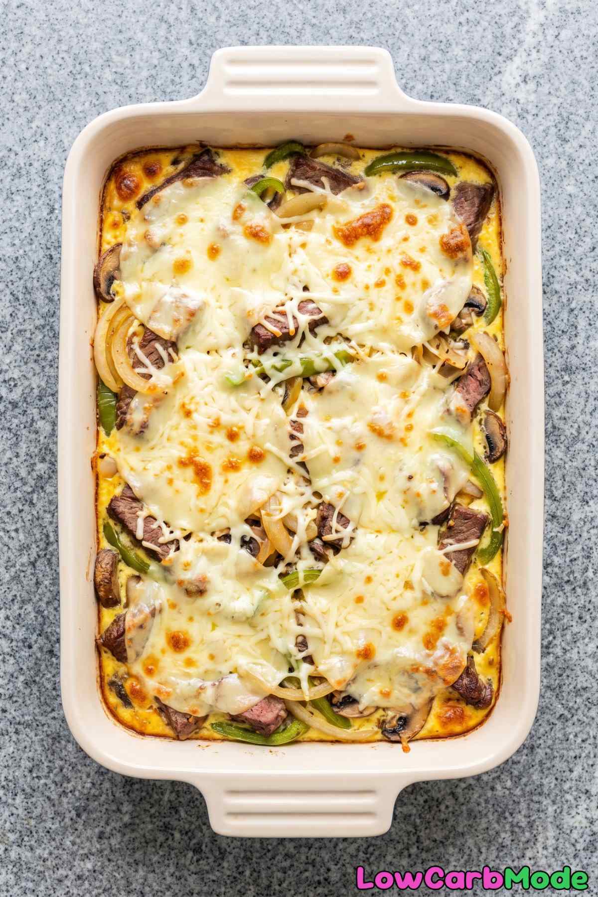 Rich and bubbly keto cheesesteak casserole