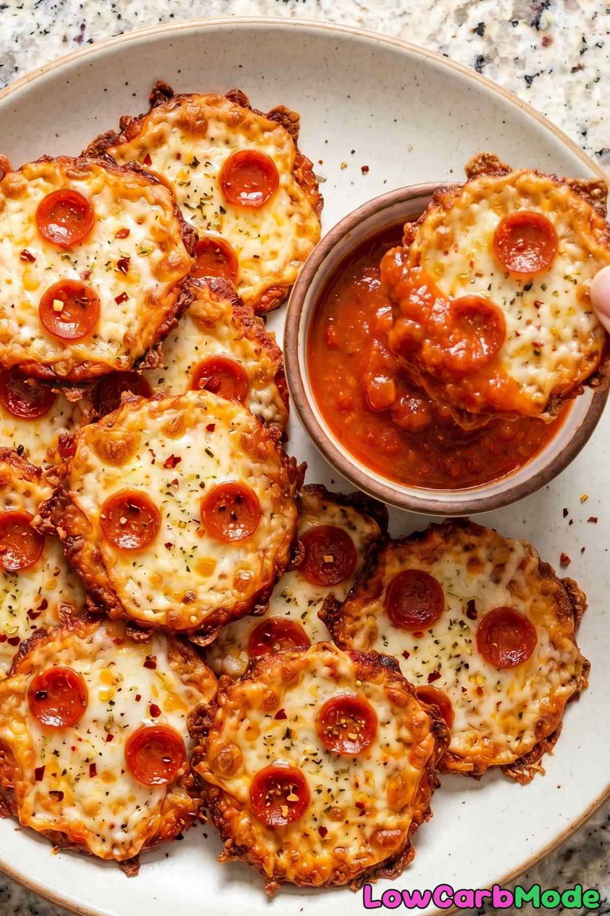 Cheesy keto pizza chips on a tray