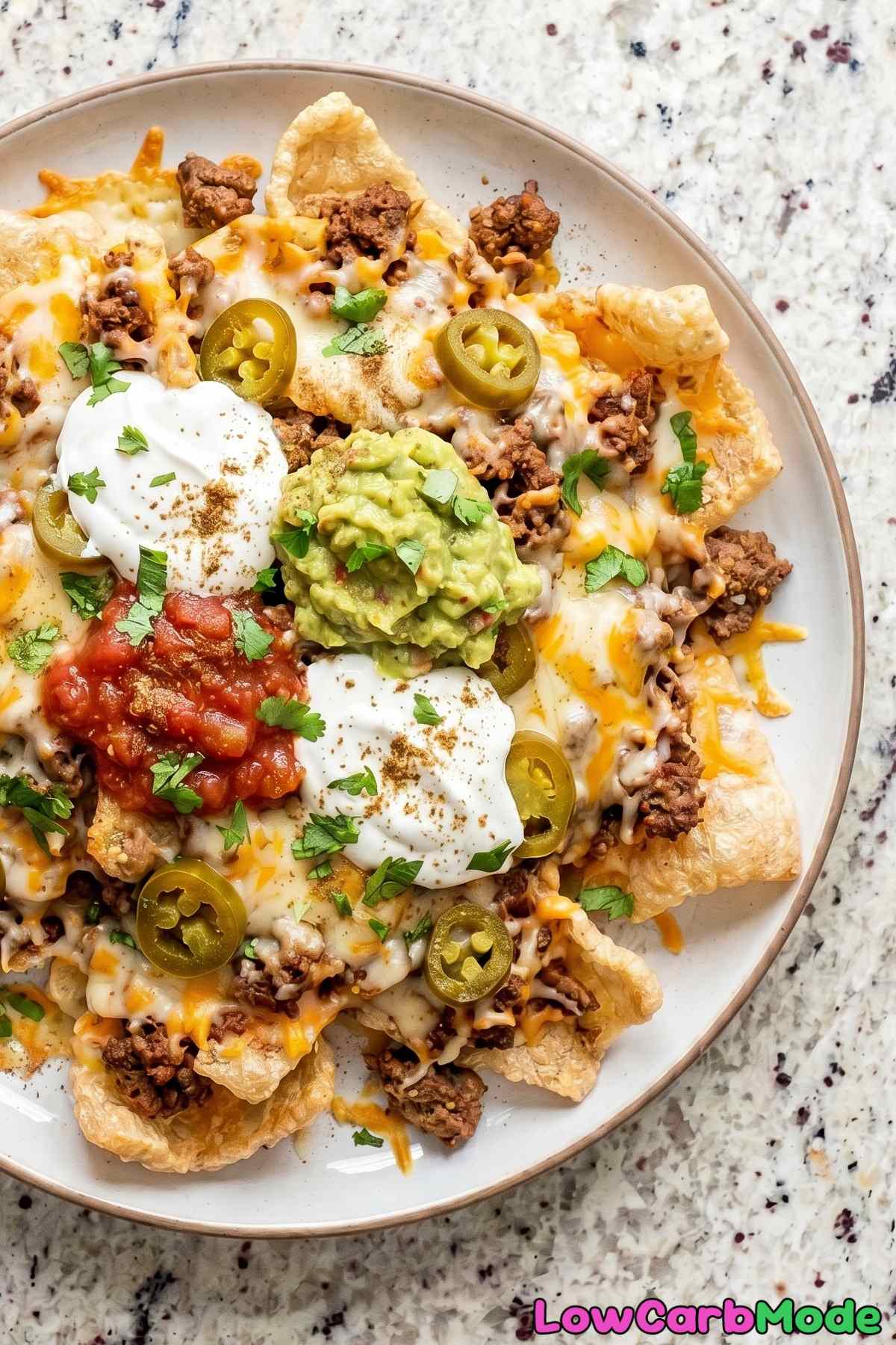 Irresistible keto pork rind nachos close up