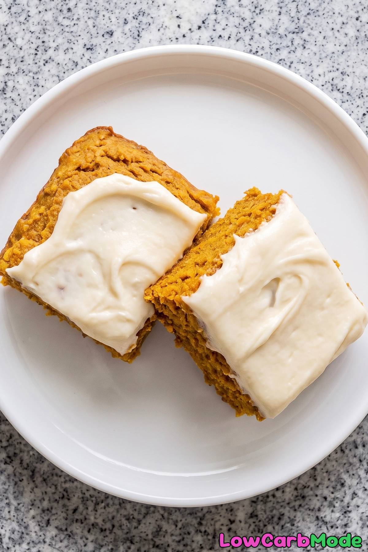 Frosted low carb pumpkin bars on a plate