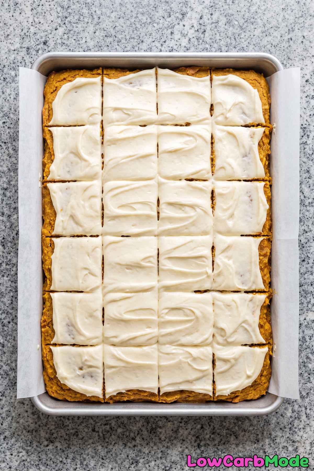 Homemade keto pumpkin bars with frosting
