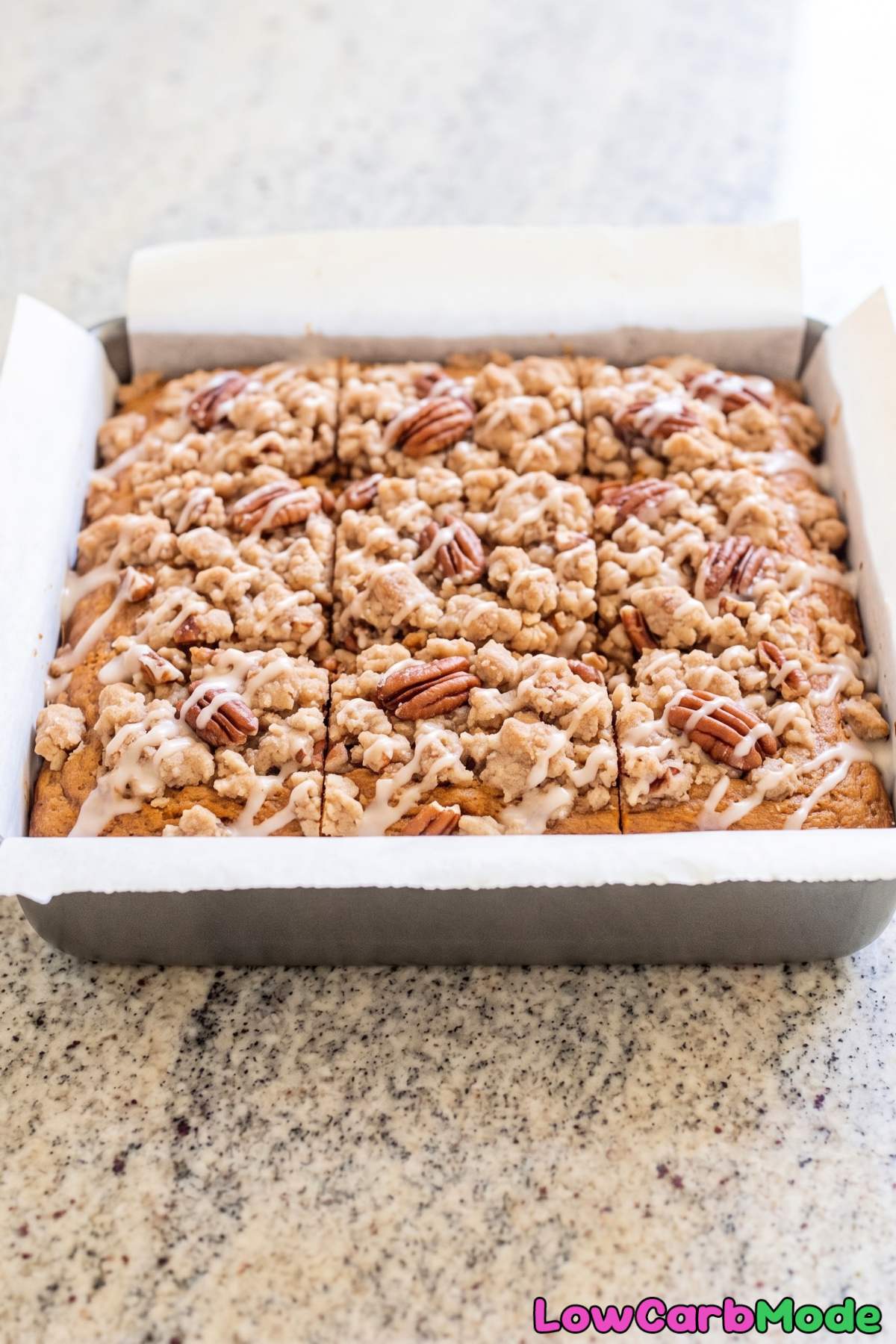 Spiced keto pumpkin coffee cake crumb