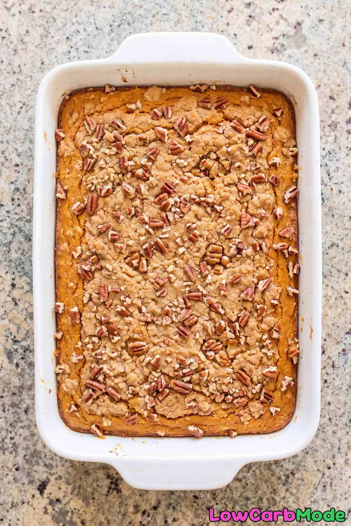 Rich spiced keto pumpkin crunch cake