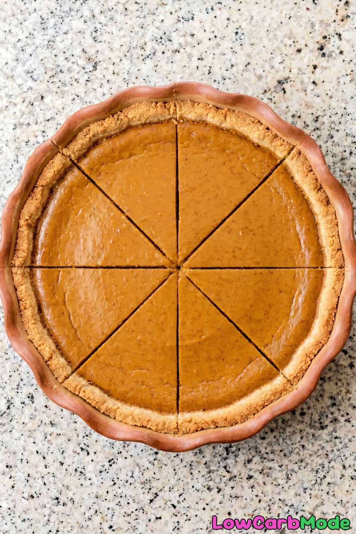 Comforting keto pumpkin pie slice plated