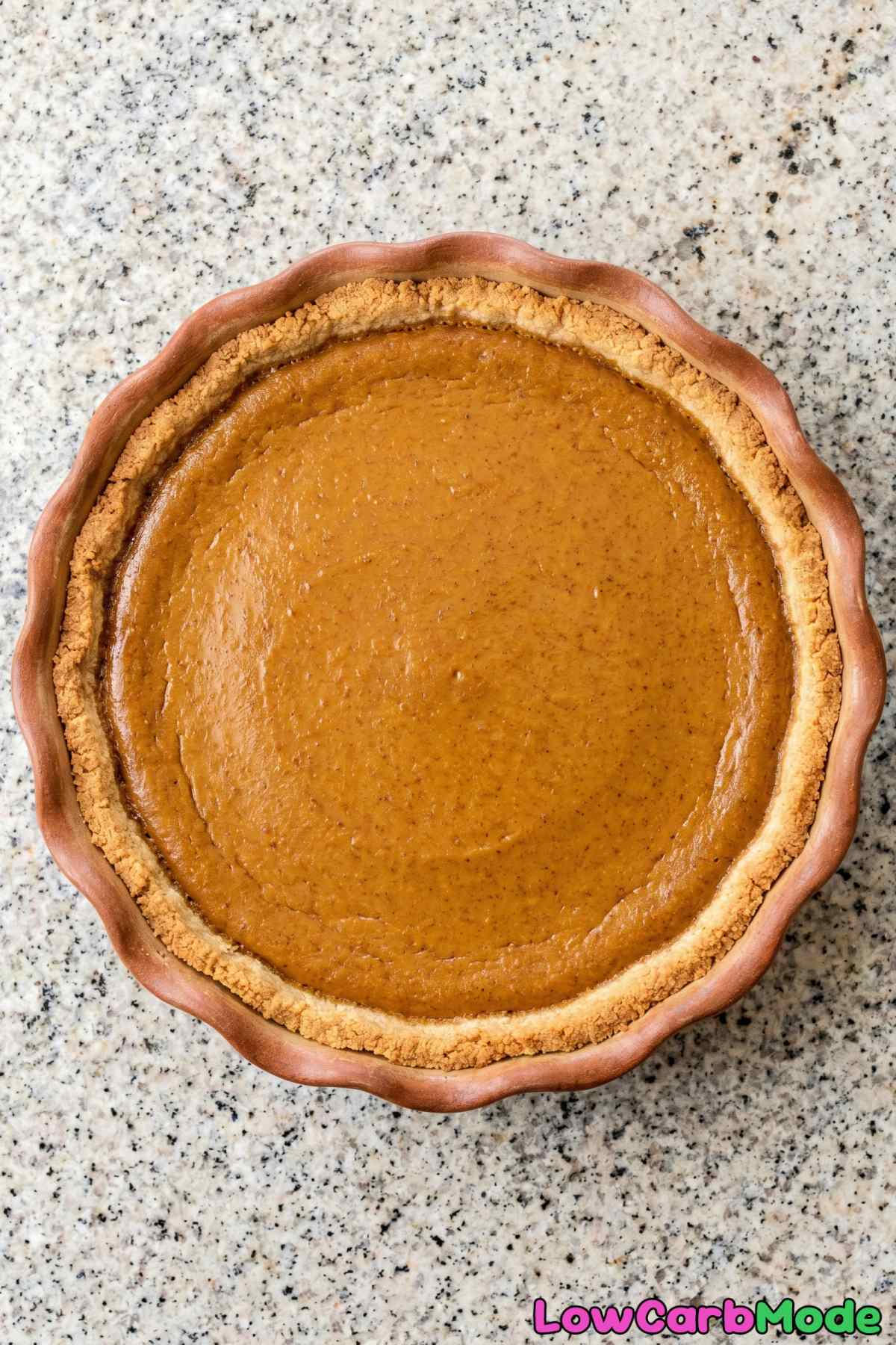 Velvety keto pumpkin pie fresh from oven