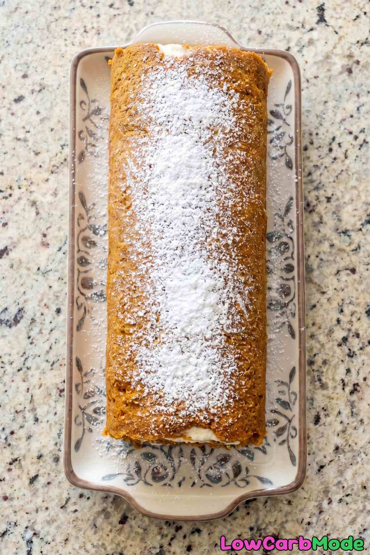 Rich keto pumpkin roll with swirl filling