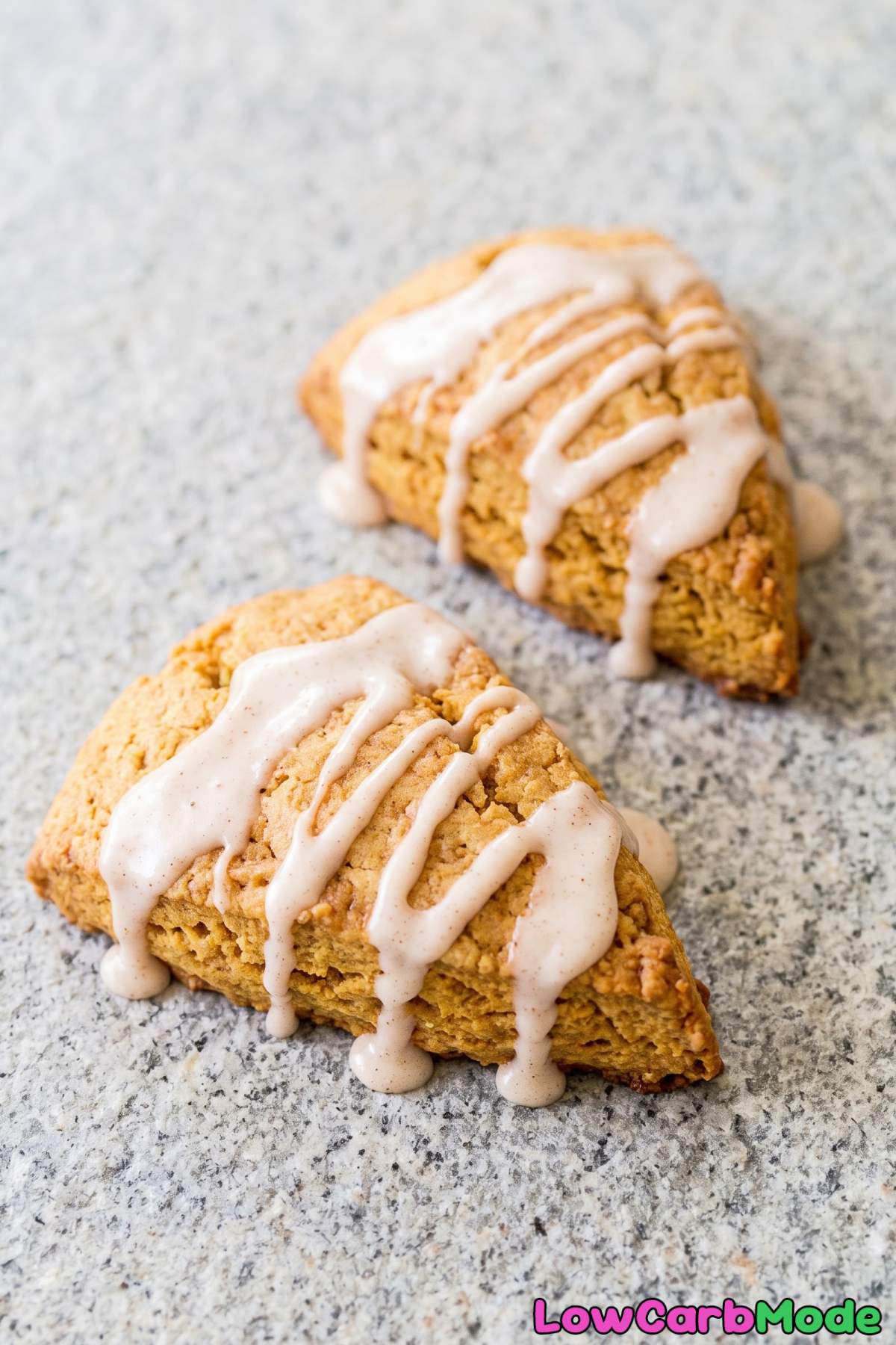 Keto pumpkin scones topped with spiced glaze