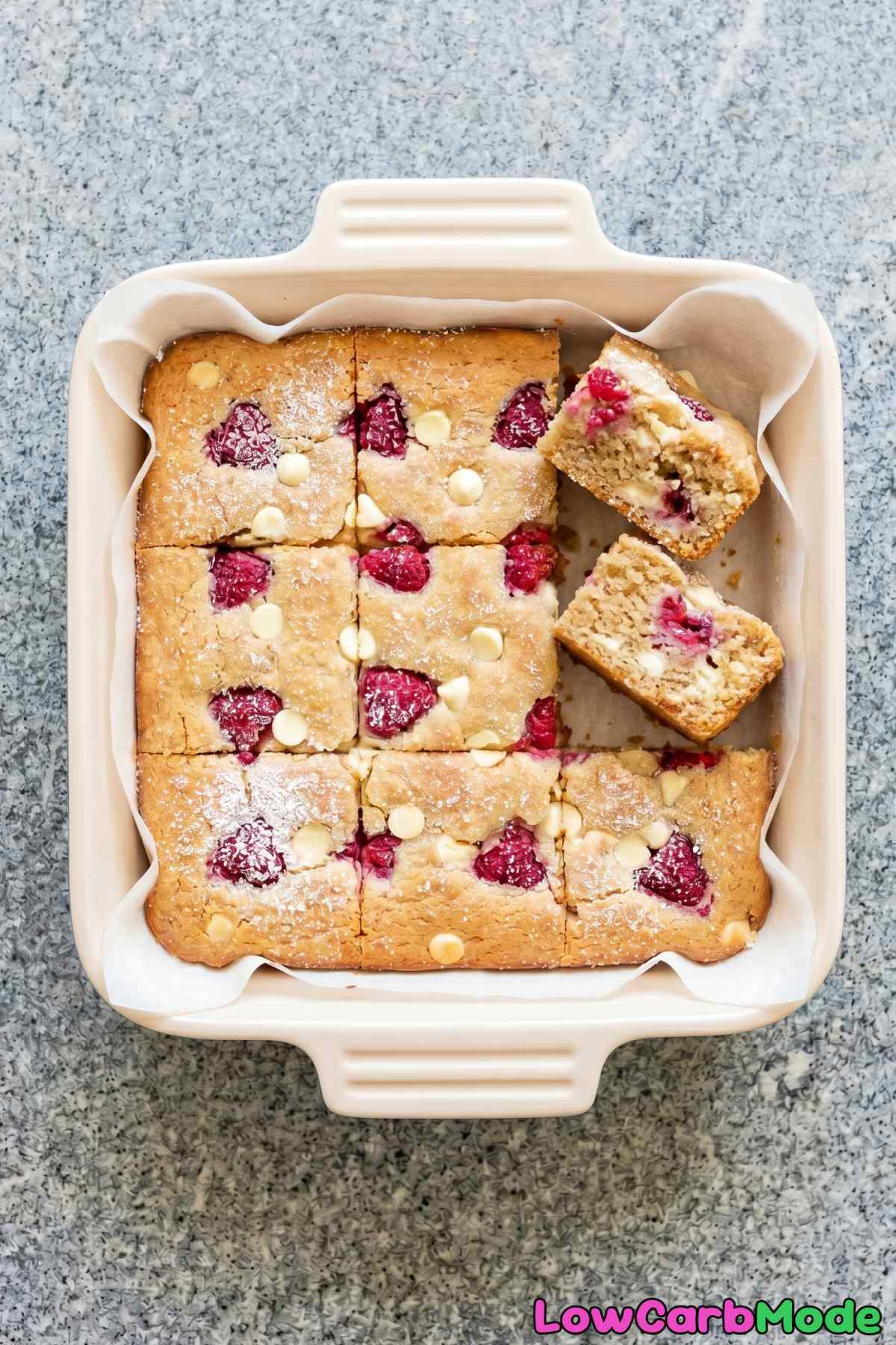 Irresistible keto raspberry white chocolate blondies