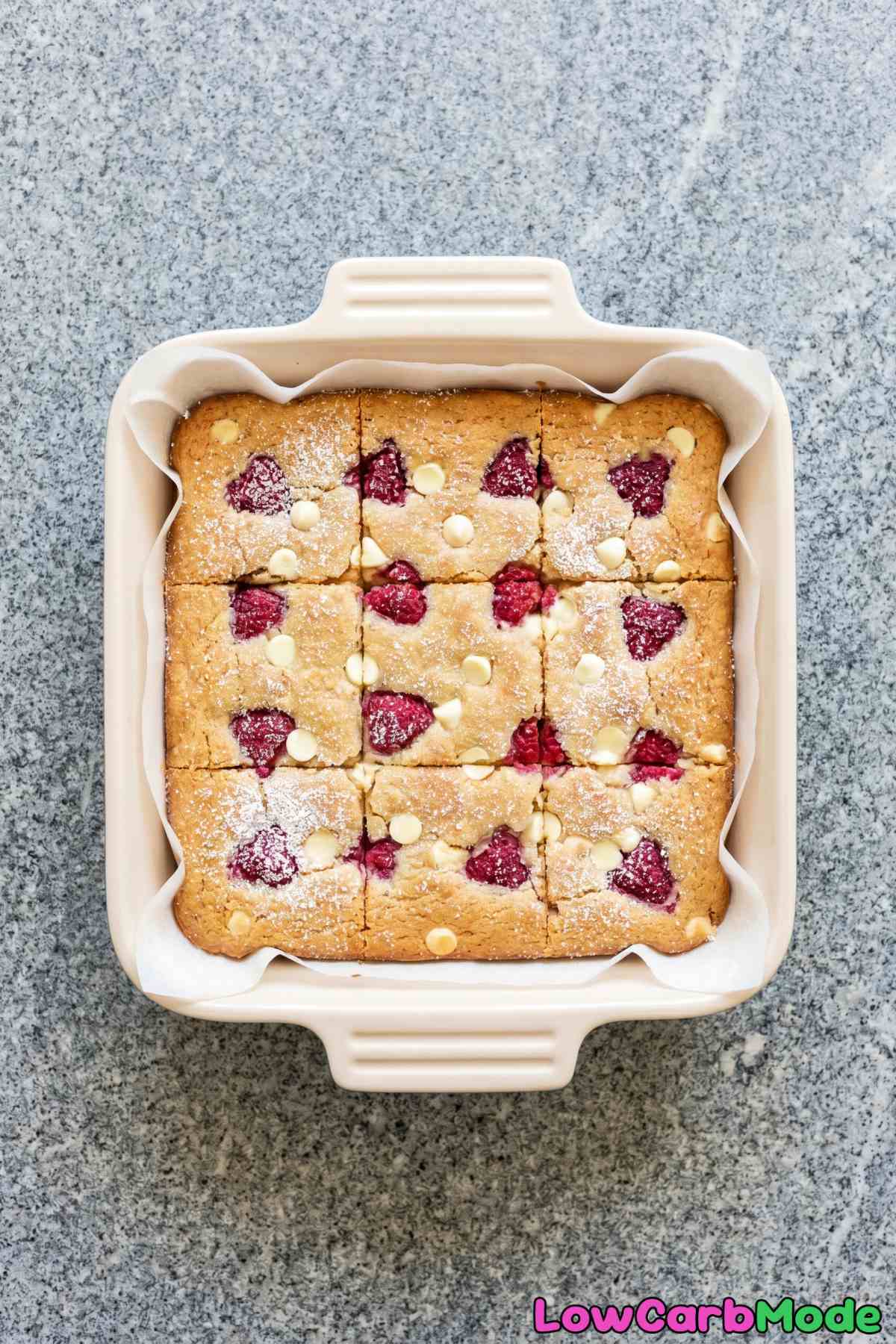 Rich keto raspberry white chocolate blondies