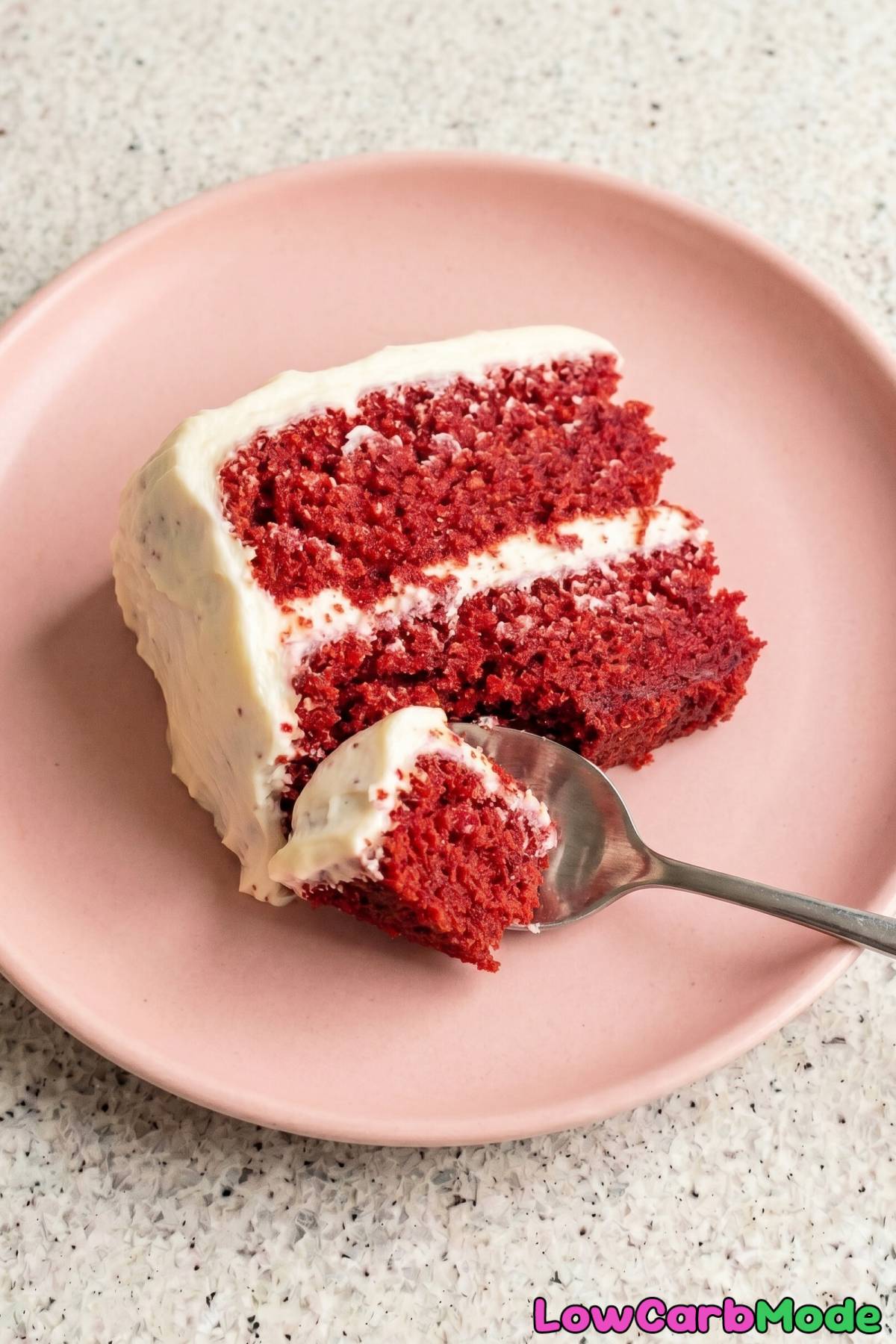 Moist keto red velvet cake on a plate