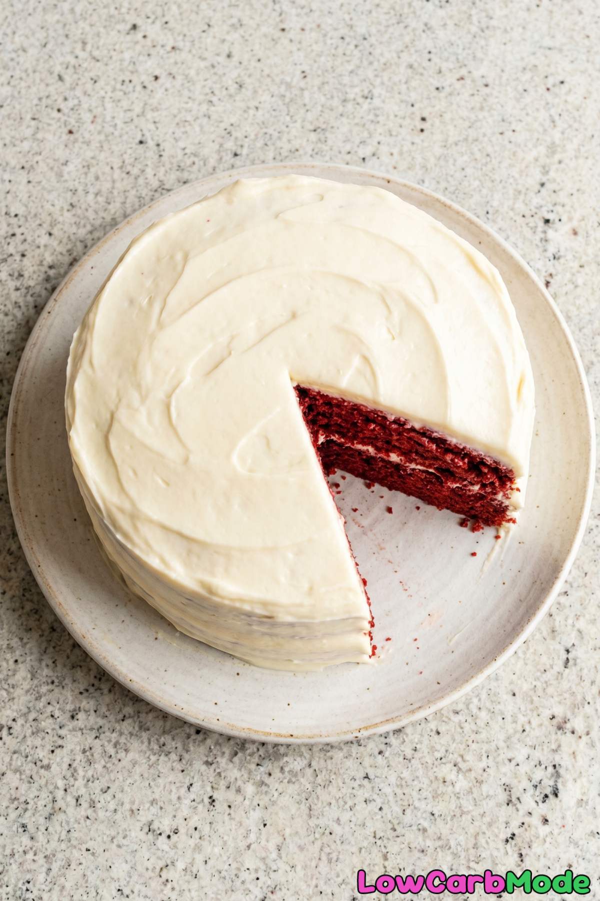 Creamy frosted keto red velvet cake