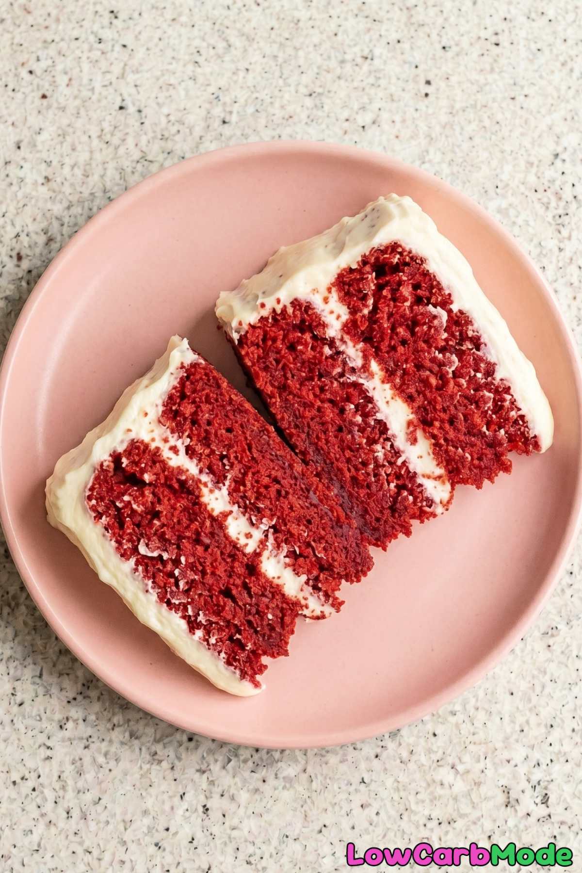 Velvety keto red velvet cake closeup