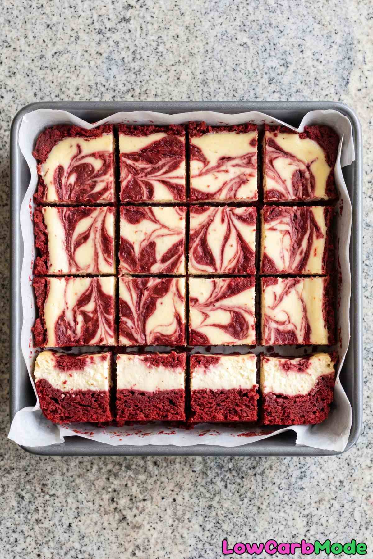 Chilled red velvet keto cheesecake bars
