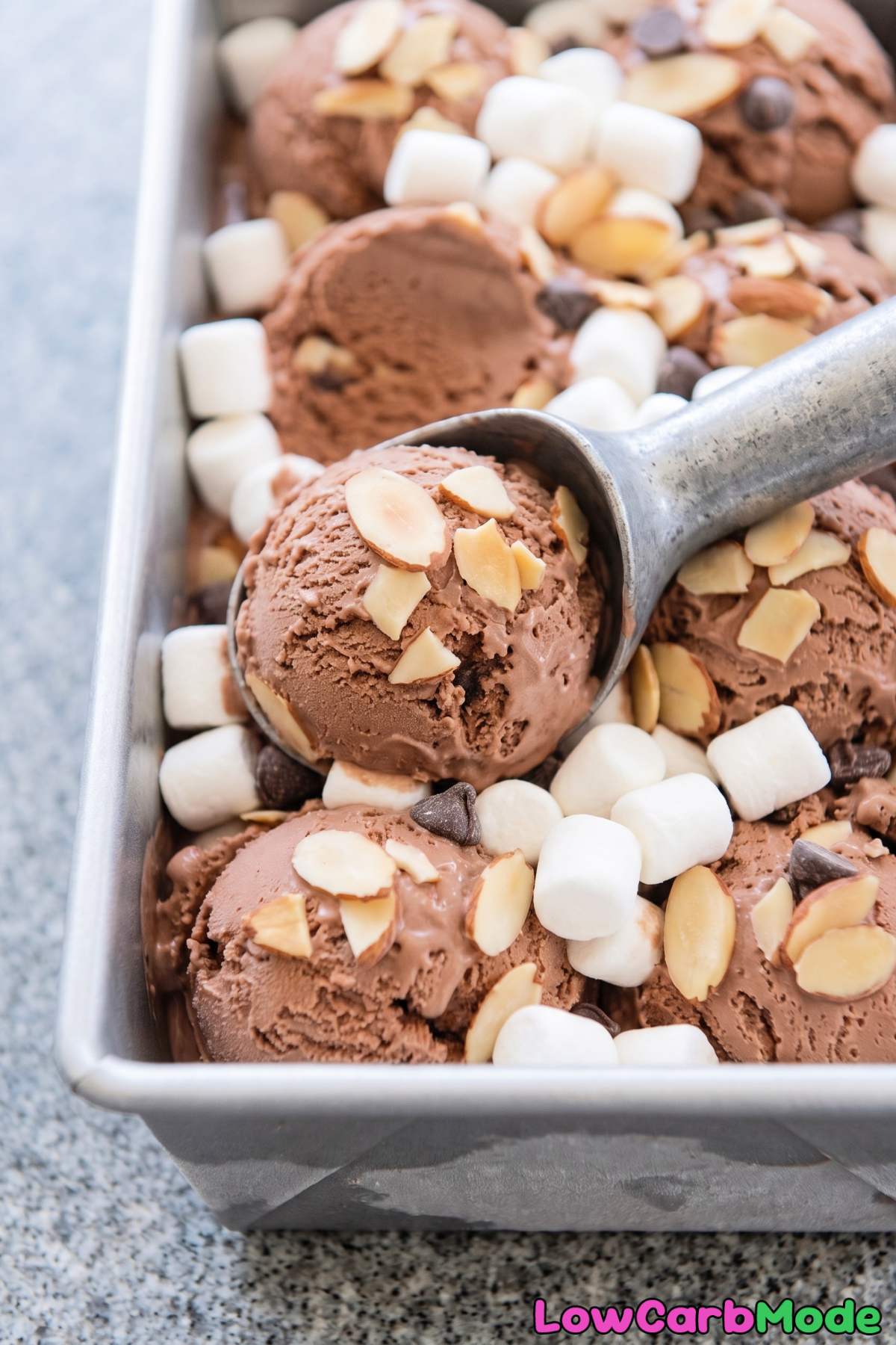 Sweet keto rocky road ice cream in a bowl