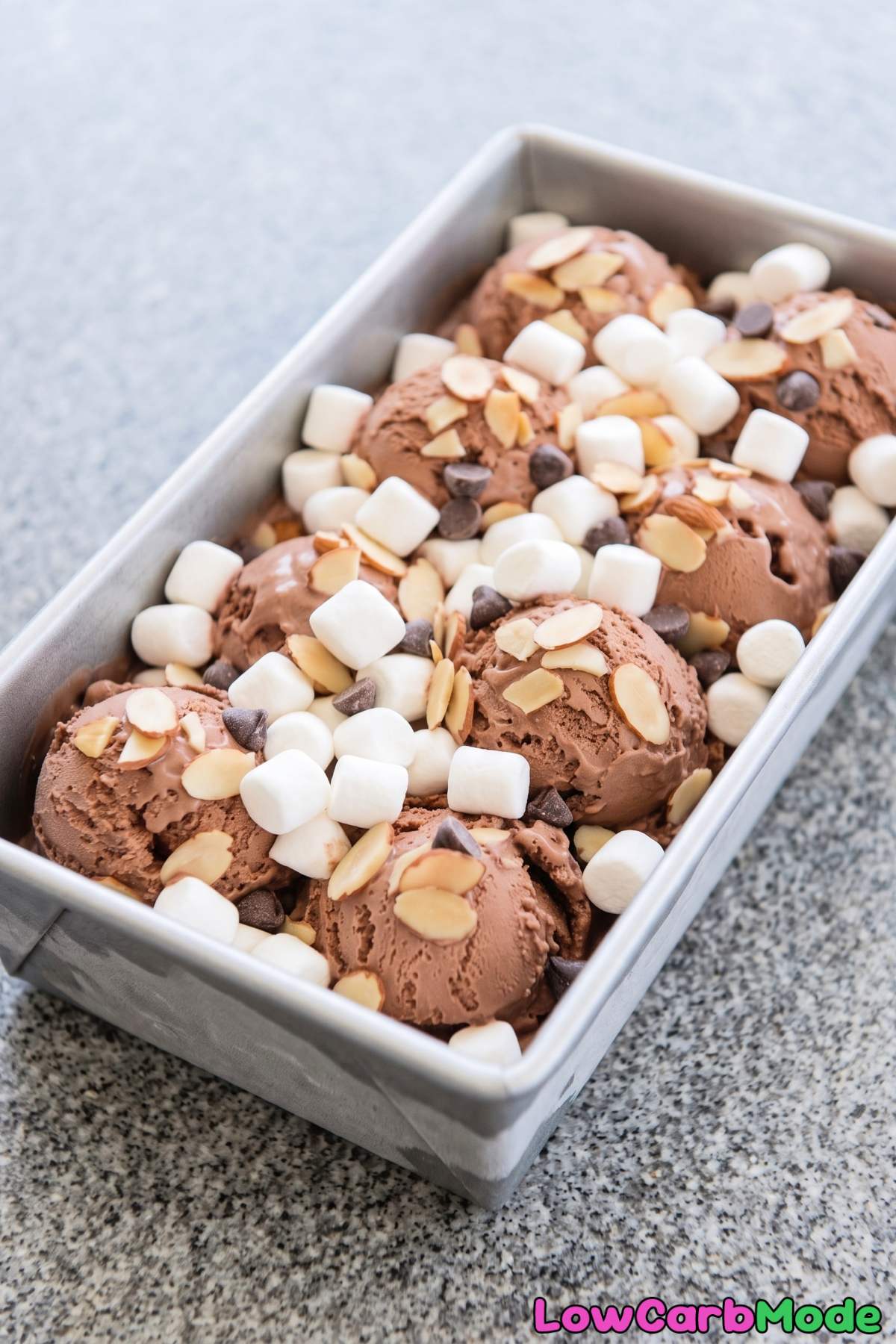 Scoops of keto rocky road ice cream