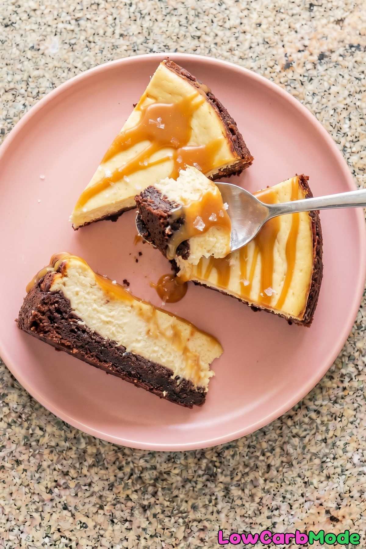 Homemade keto salted caramel brownie cheesecake