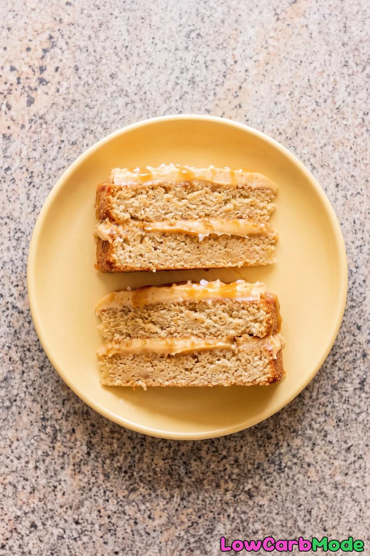 Slice of keto salted caramel cream cake