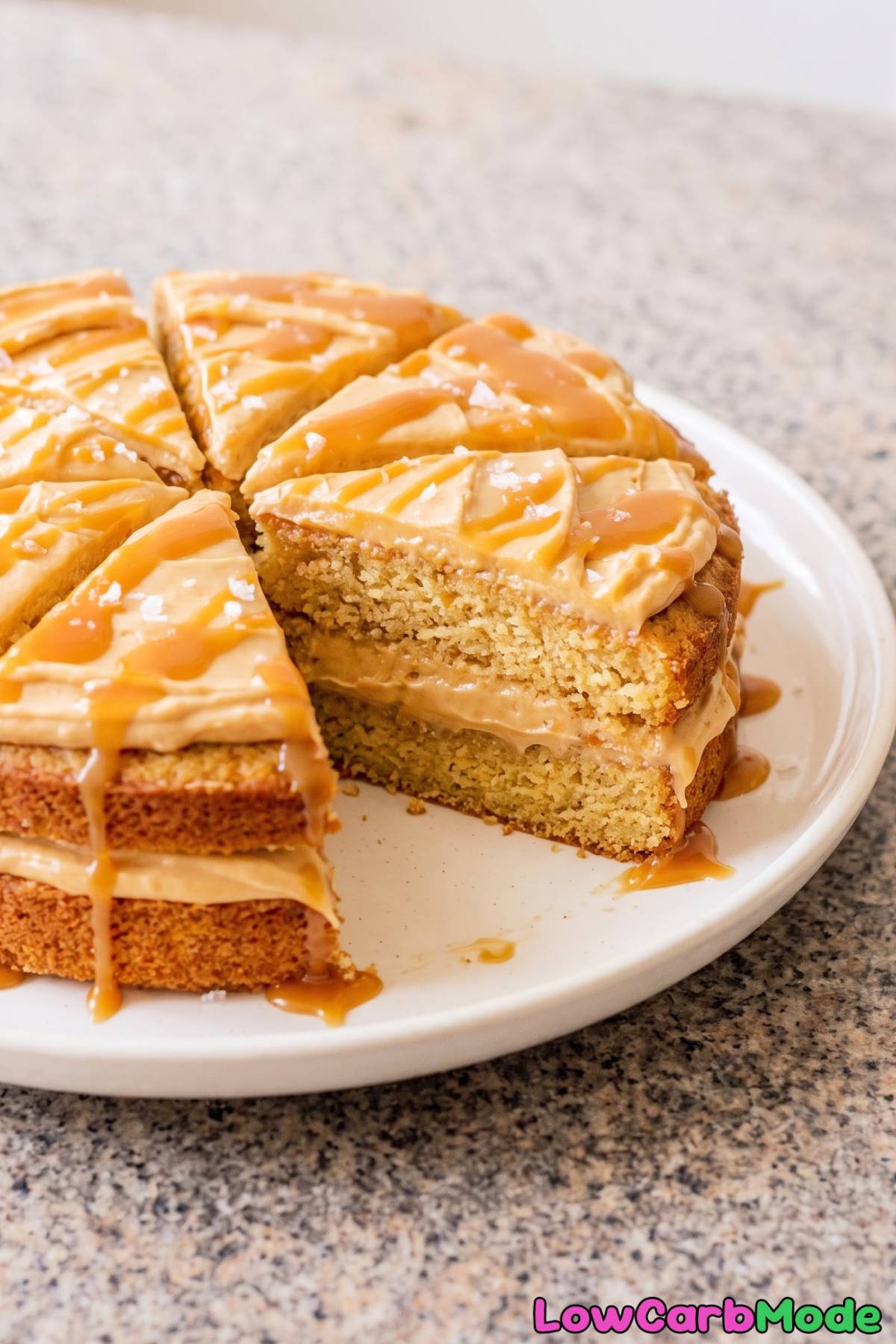 Keto salted caramel cream cake on a plate