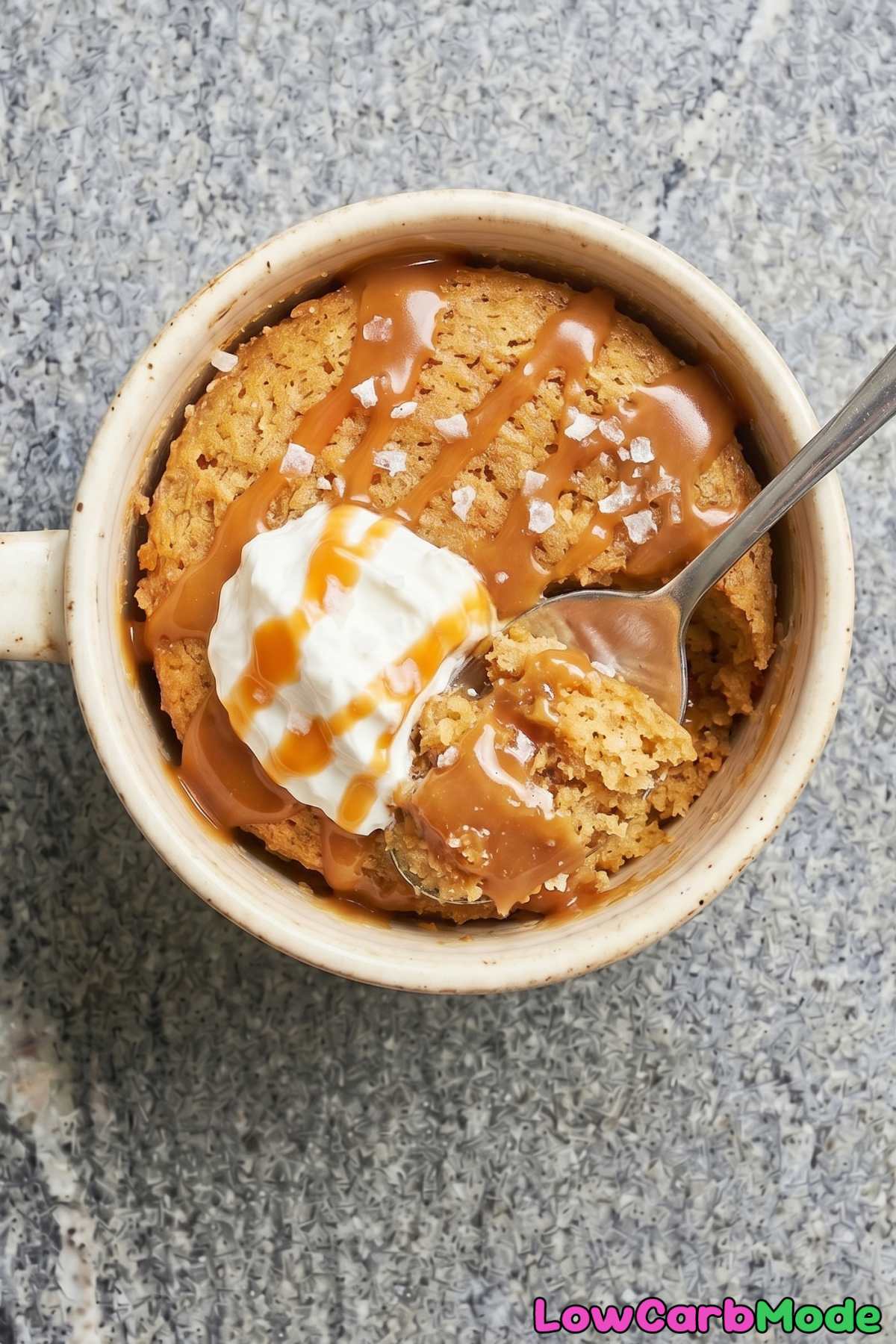 Rich keto salted caramel mug cake closeup