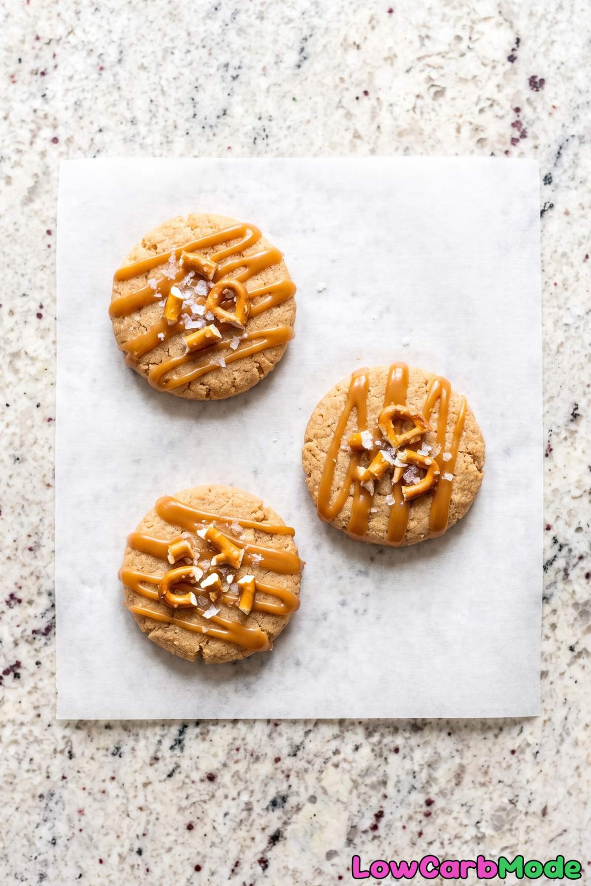 Keto salted caramel cookies with pretzels
