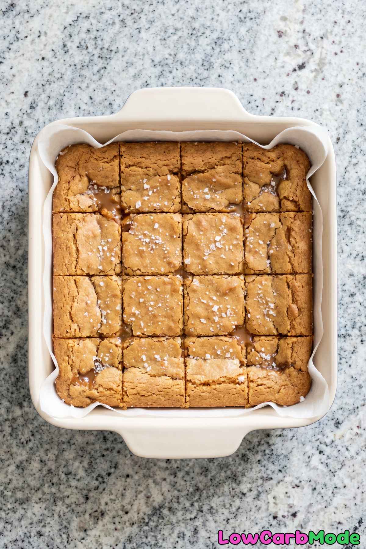 Warm keto salted caramel blondies stacked