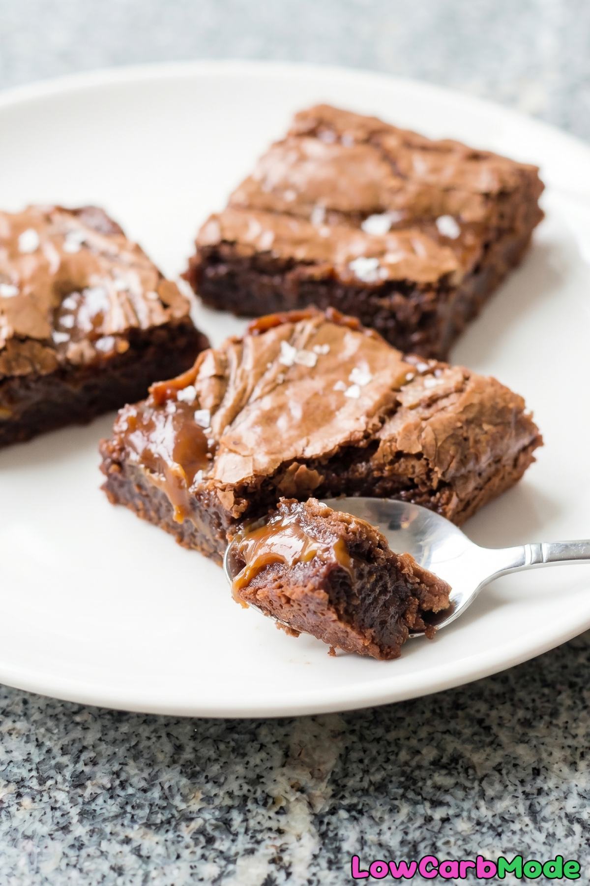 Fudgy keto brownies with caramel filling