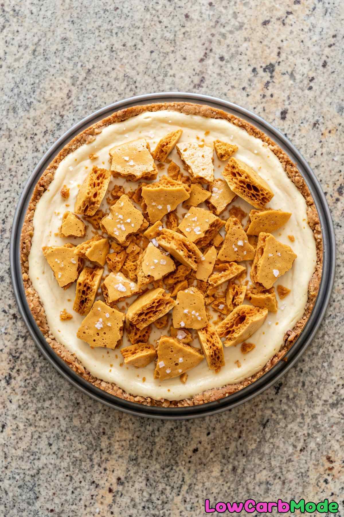 Sliced keto honeycomb cheesecake
