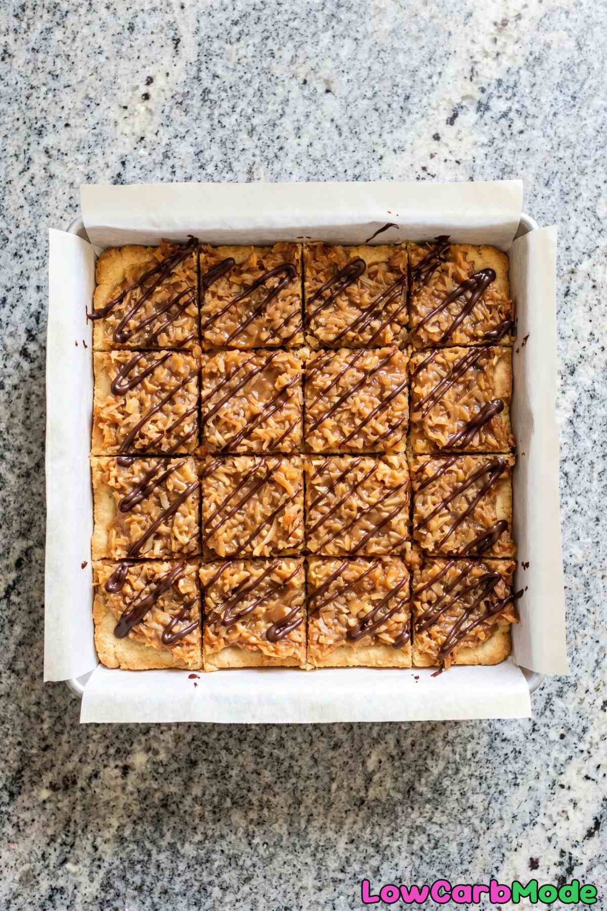 Indulgent keto Samoa cookie bars drizzled