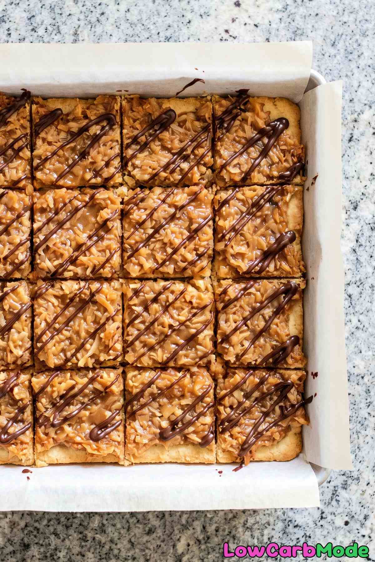 Chewy keto Samoa cookie bars up close