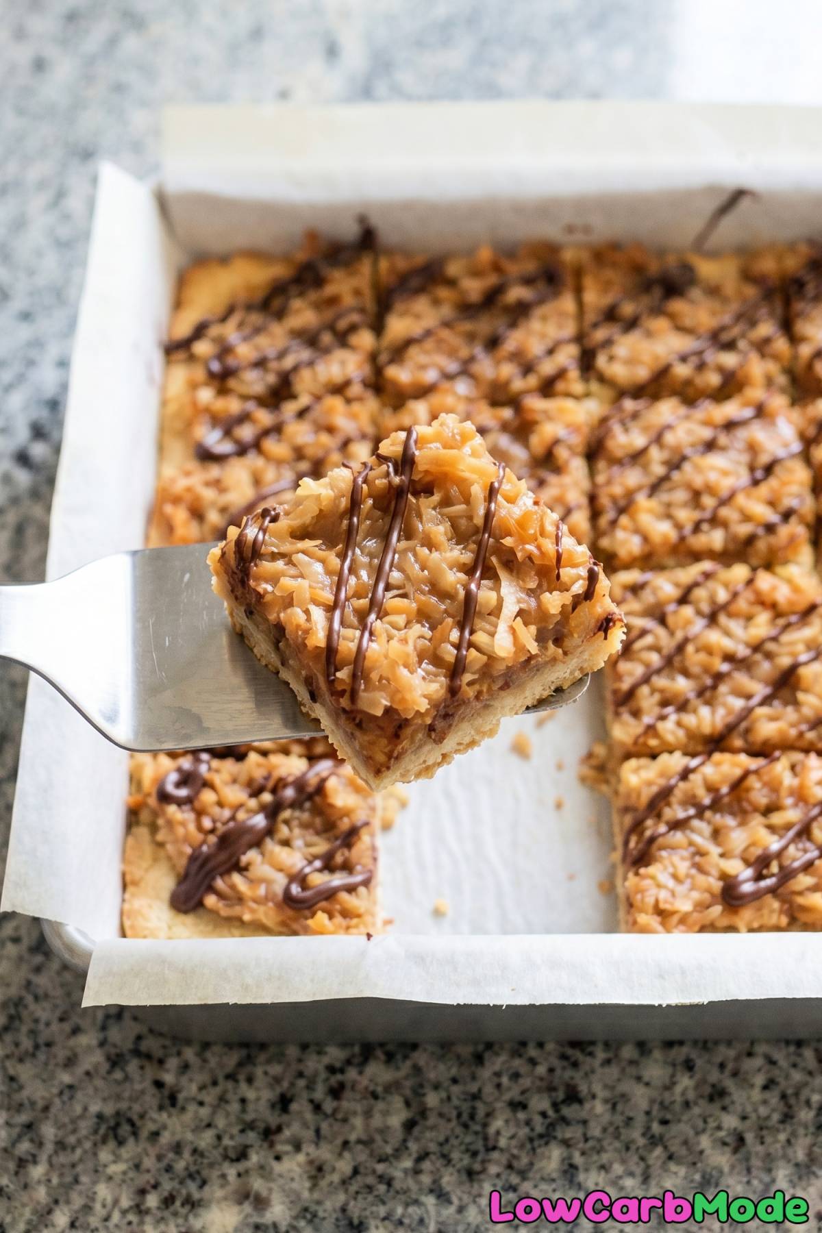 Easy keto Samoa cookie bars with coconut