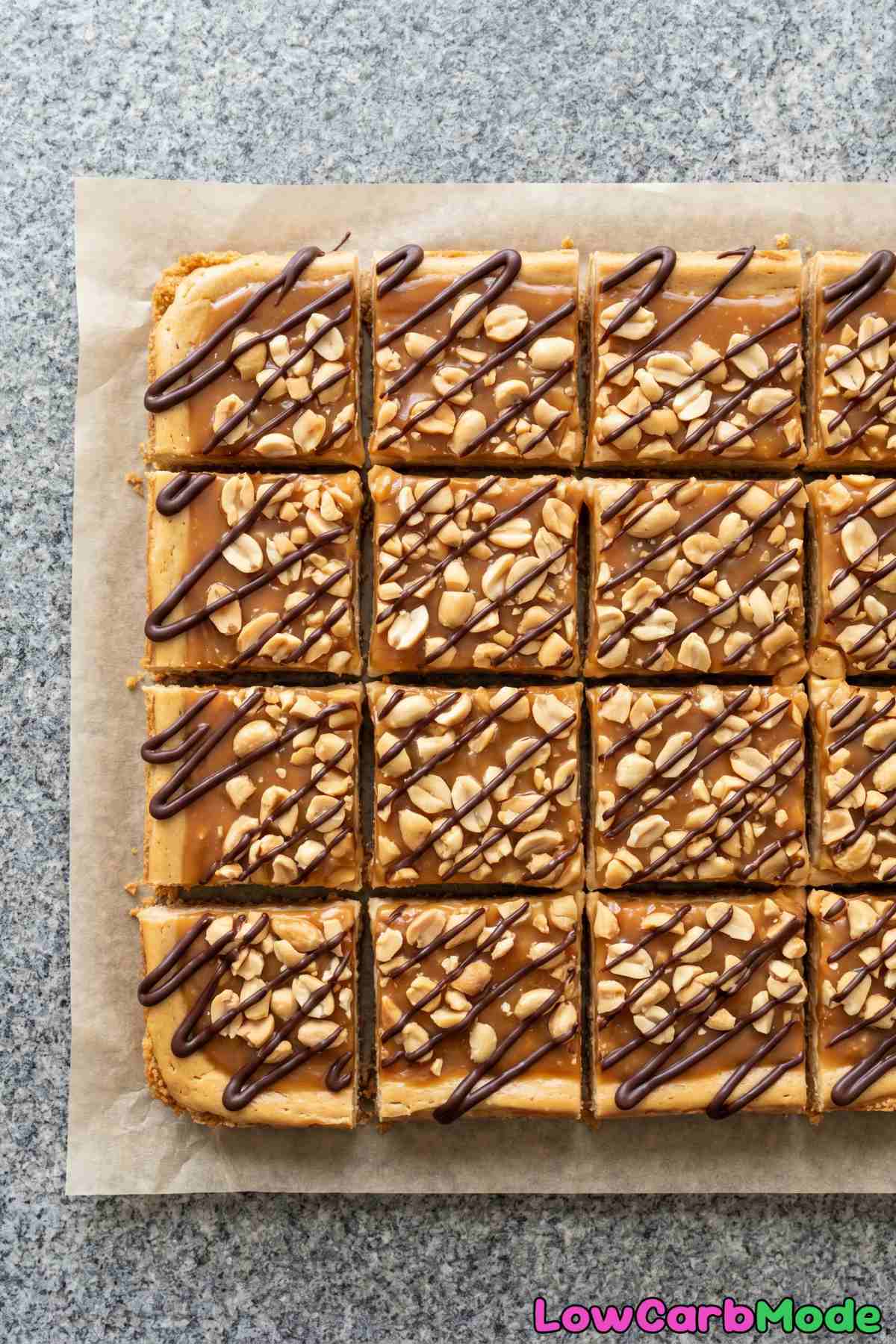 Luscious keto Snickers cheesecake bars