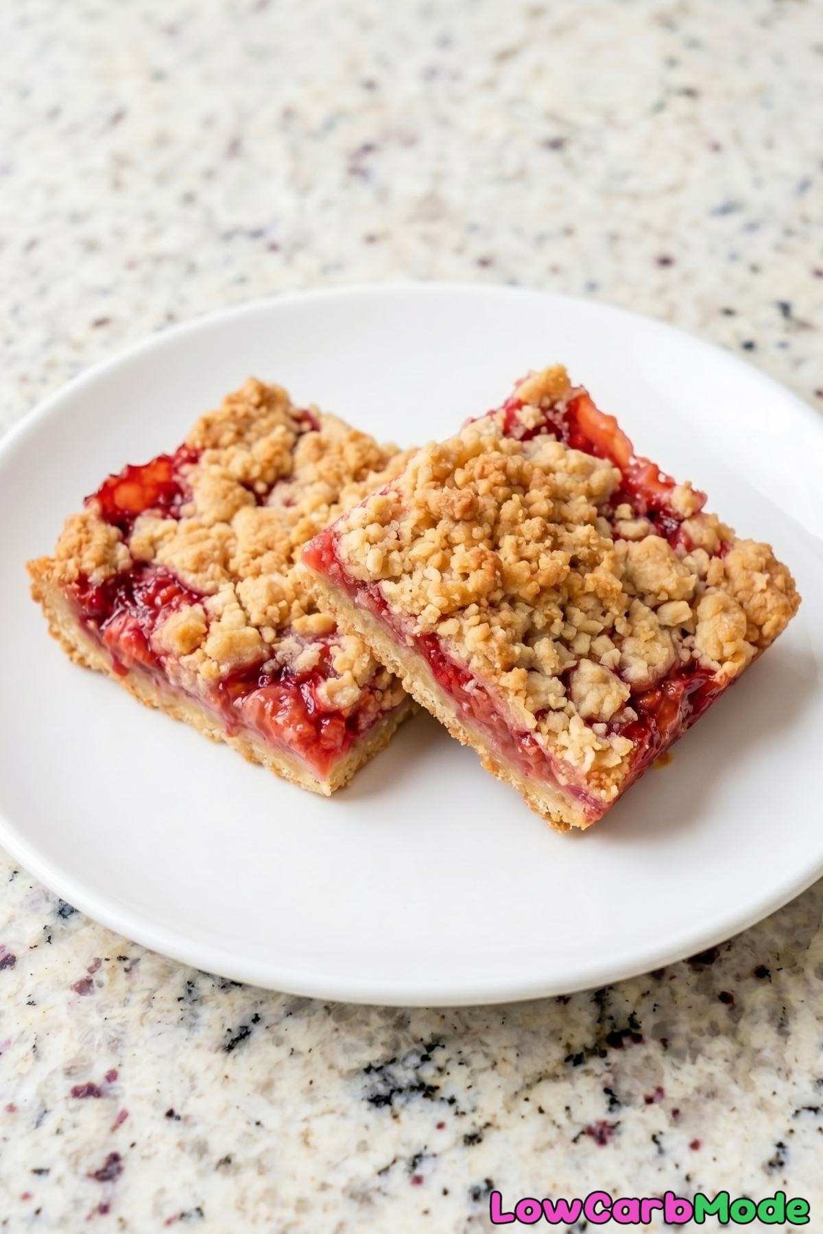 Easy keto strawberry crumble bars stacked