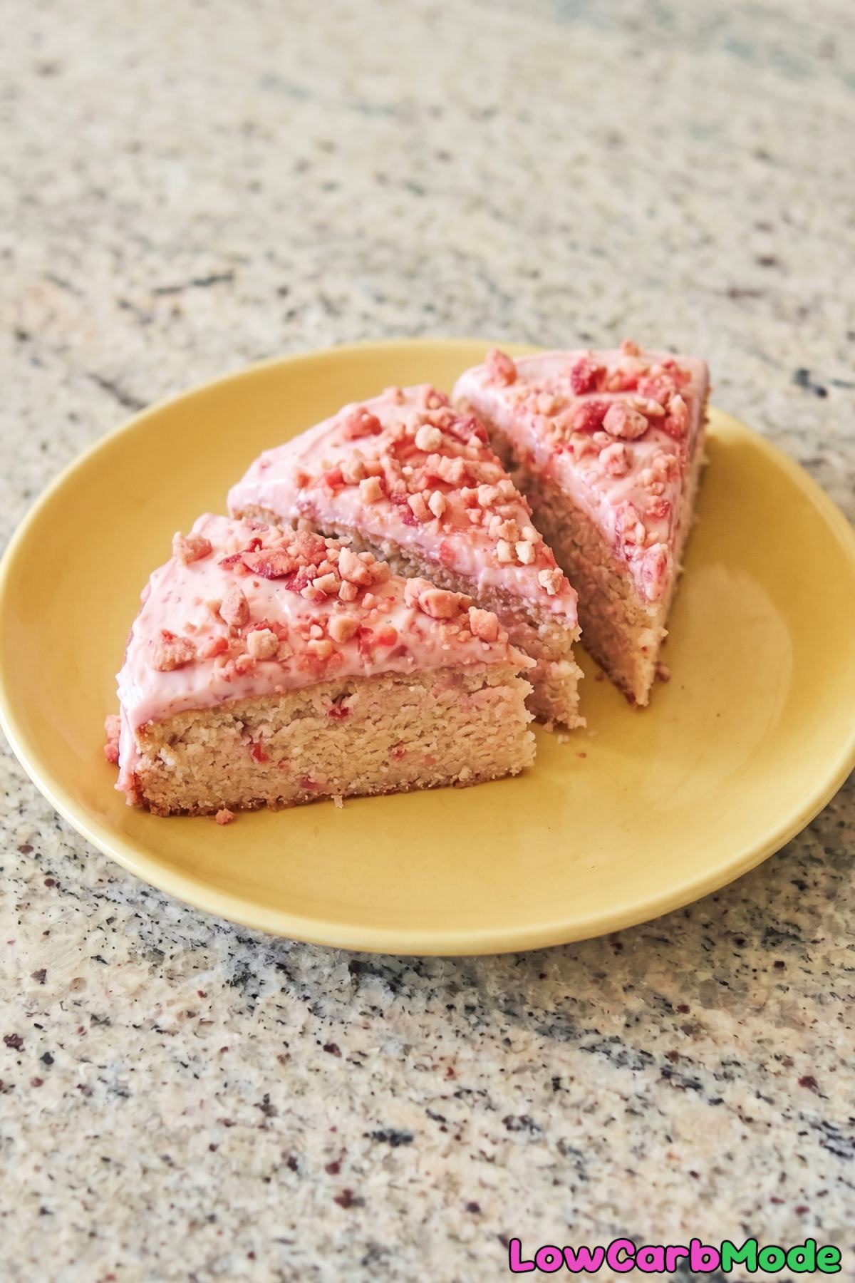 Rich keto strawberry crunch cake closeup