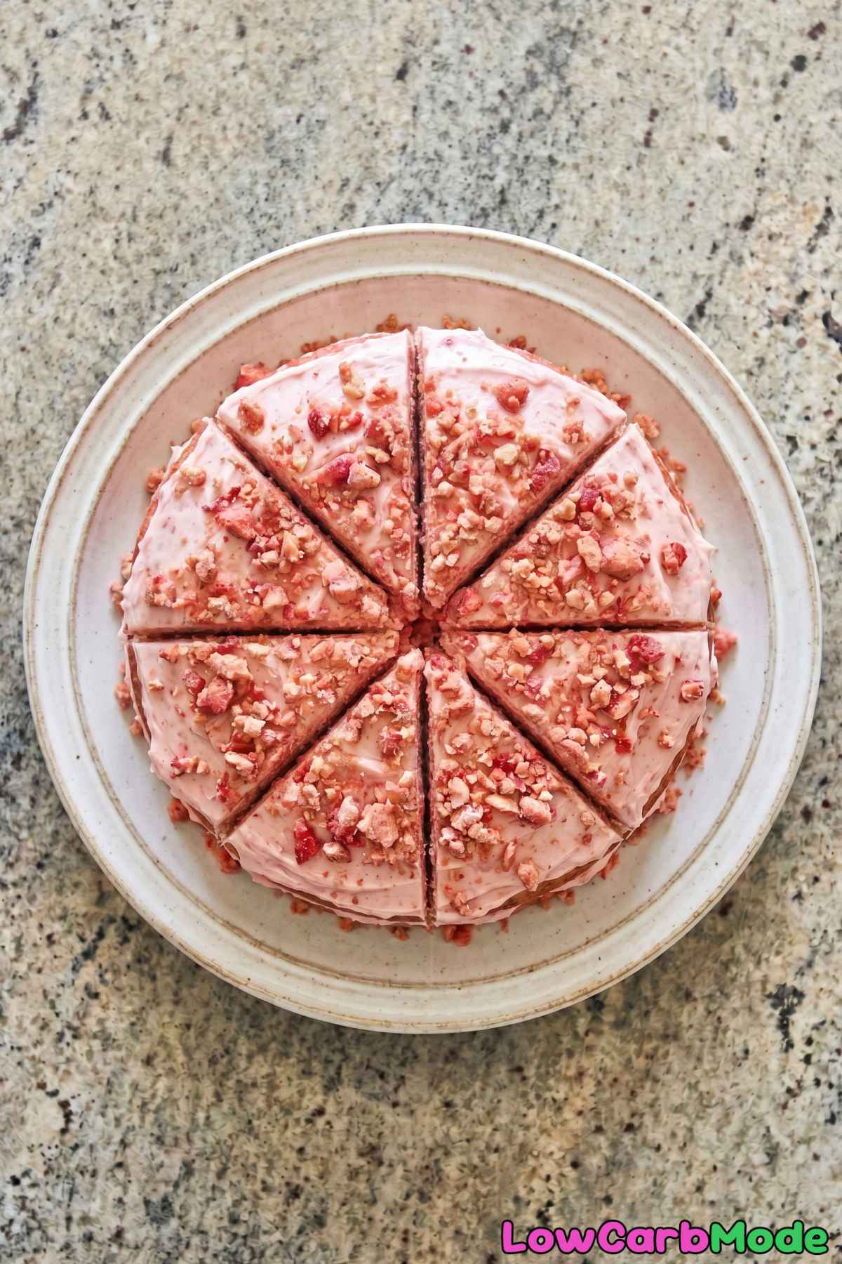 Layered keto strawberry crunch cake