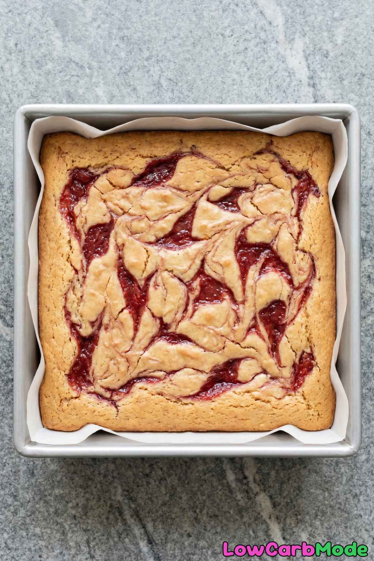 Soft keto blondies with strawberry swirl