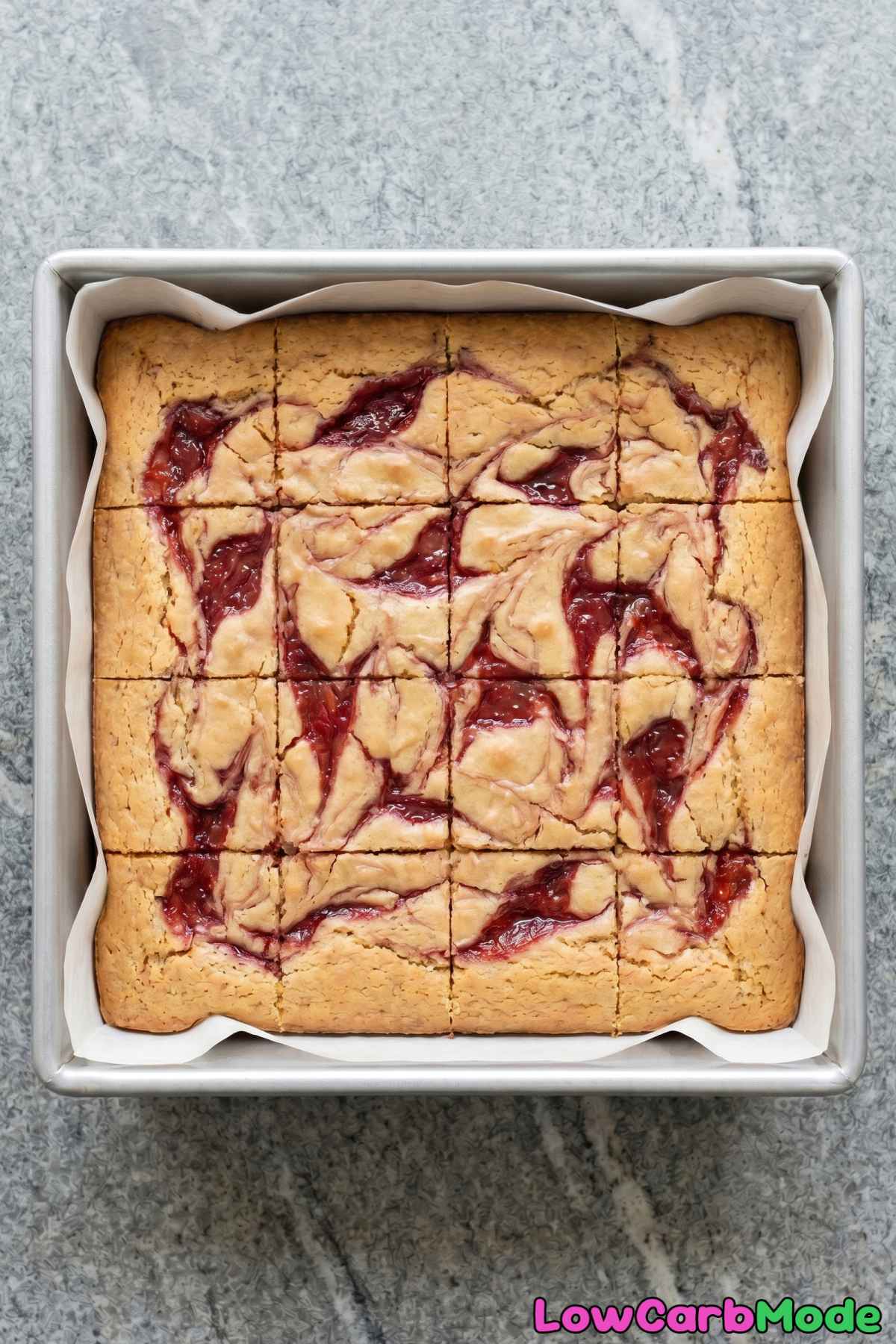 Easy keto strawberry swirl blondies sliced