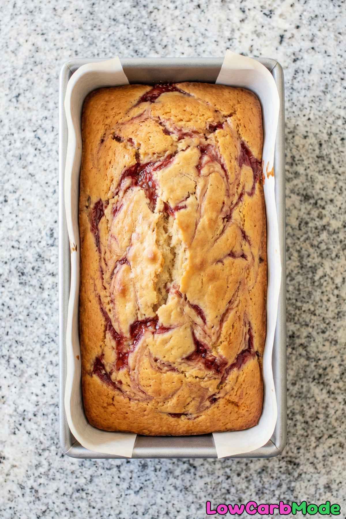Gorgeous keto strawberry swirl pound cake