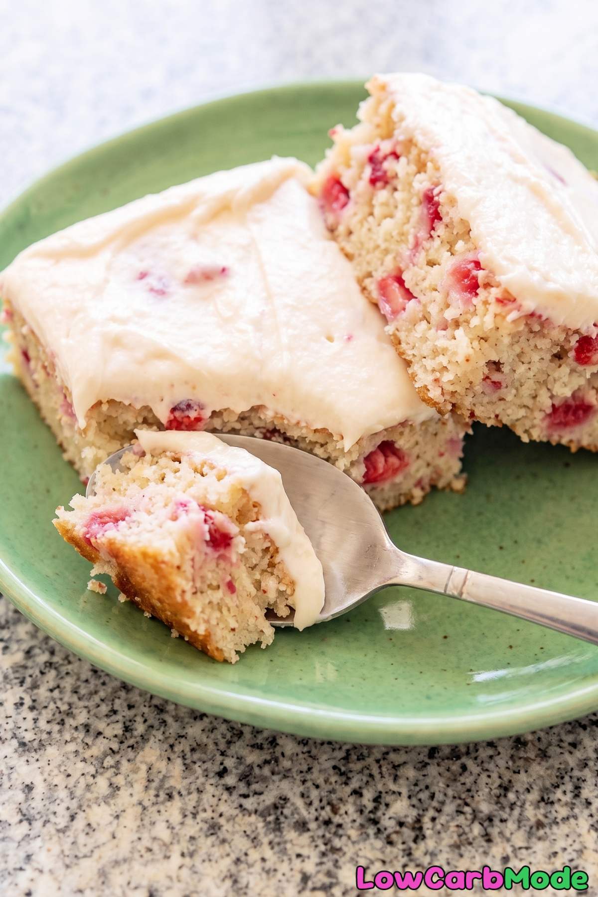 Keto strawberry yogurt sheet cake slice