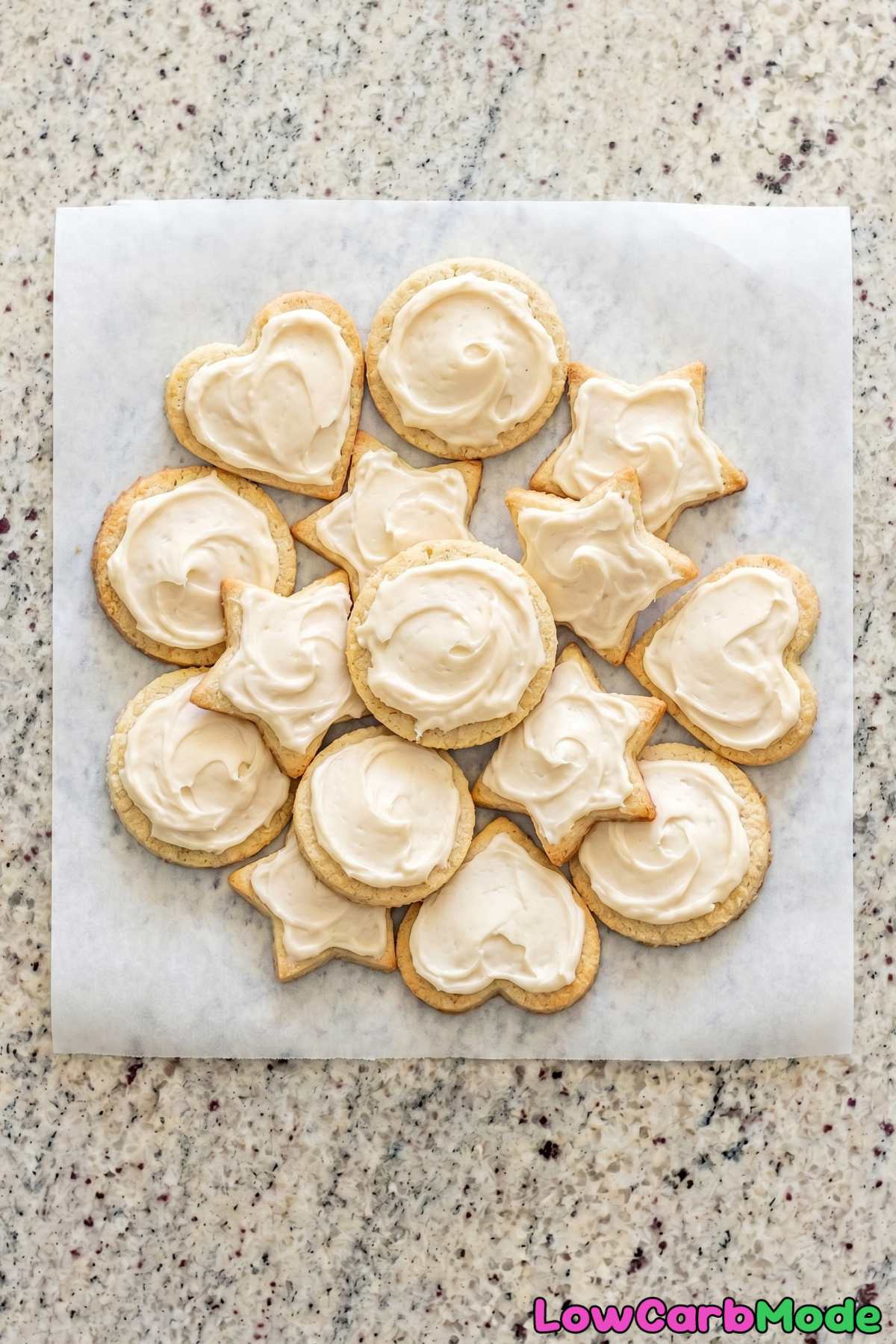 Easy keto sugar cookies topped with frosting