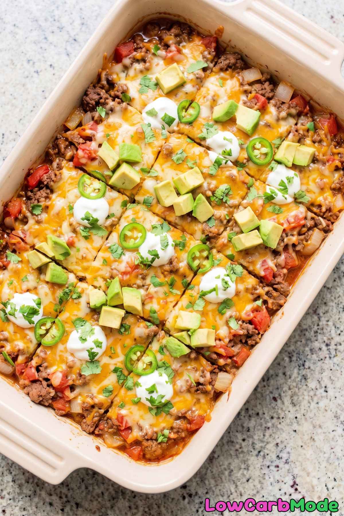Simple keto beef taco casserole in pan