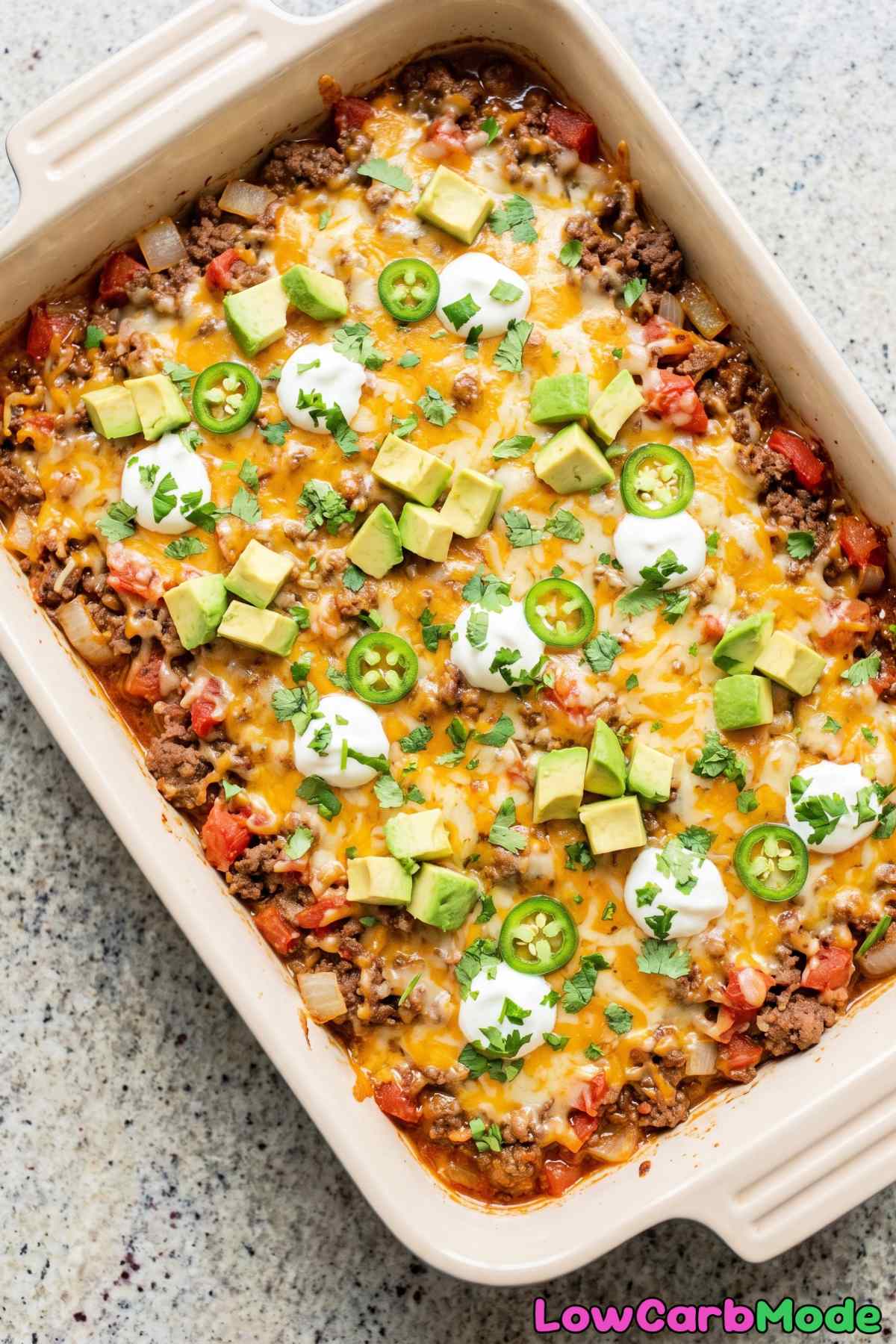 Freshly baked cheesy keto taco casserole