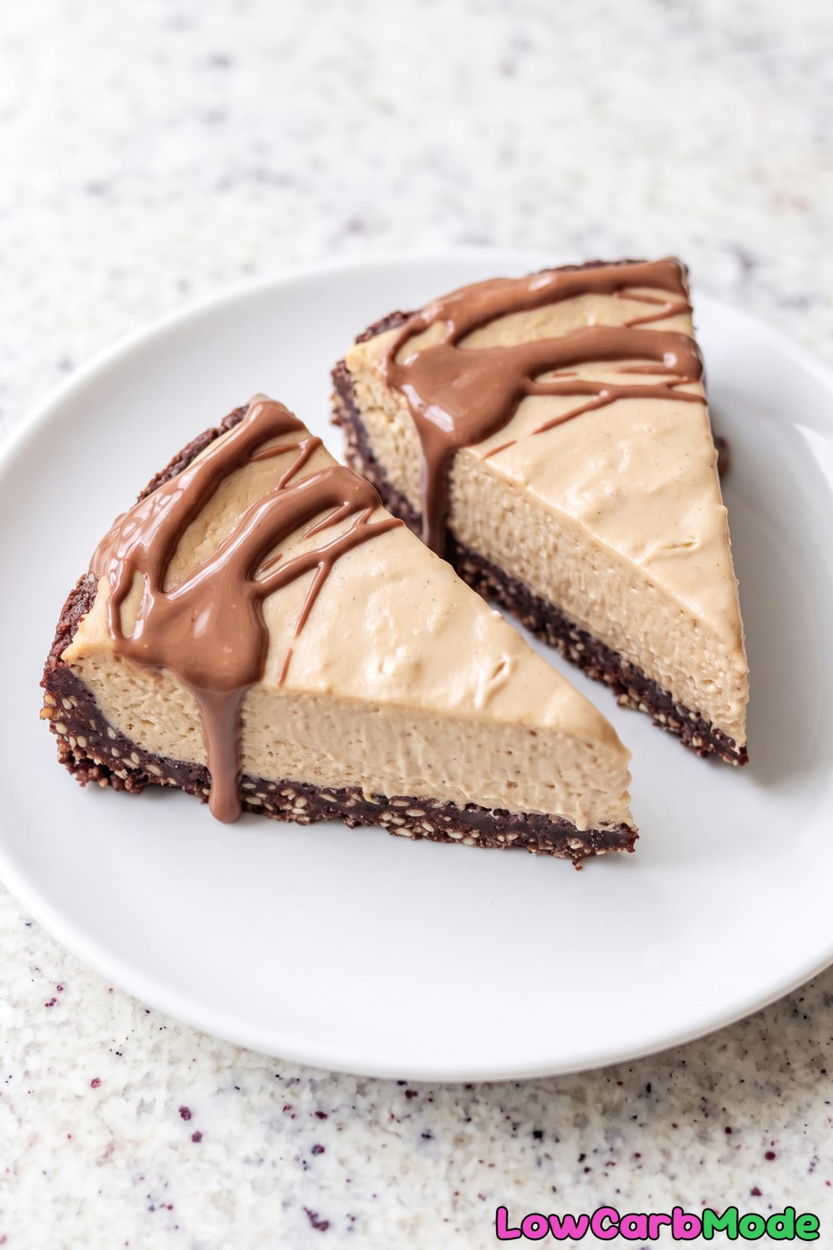 Sliced keto chocolate tahini cheesecake