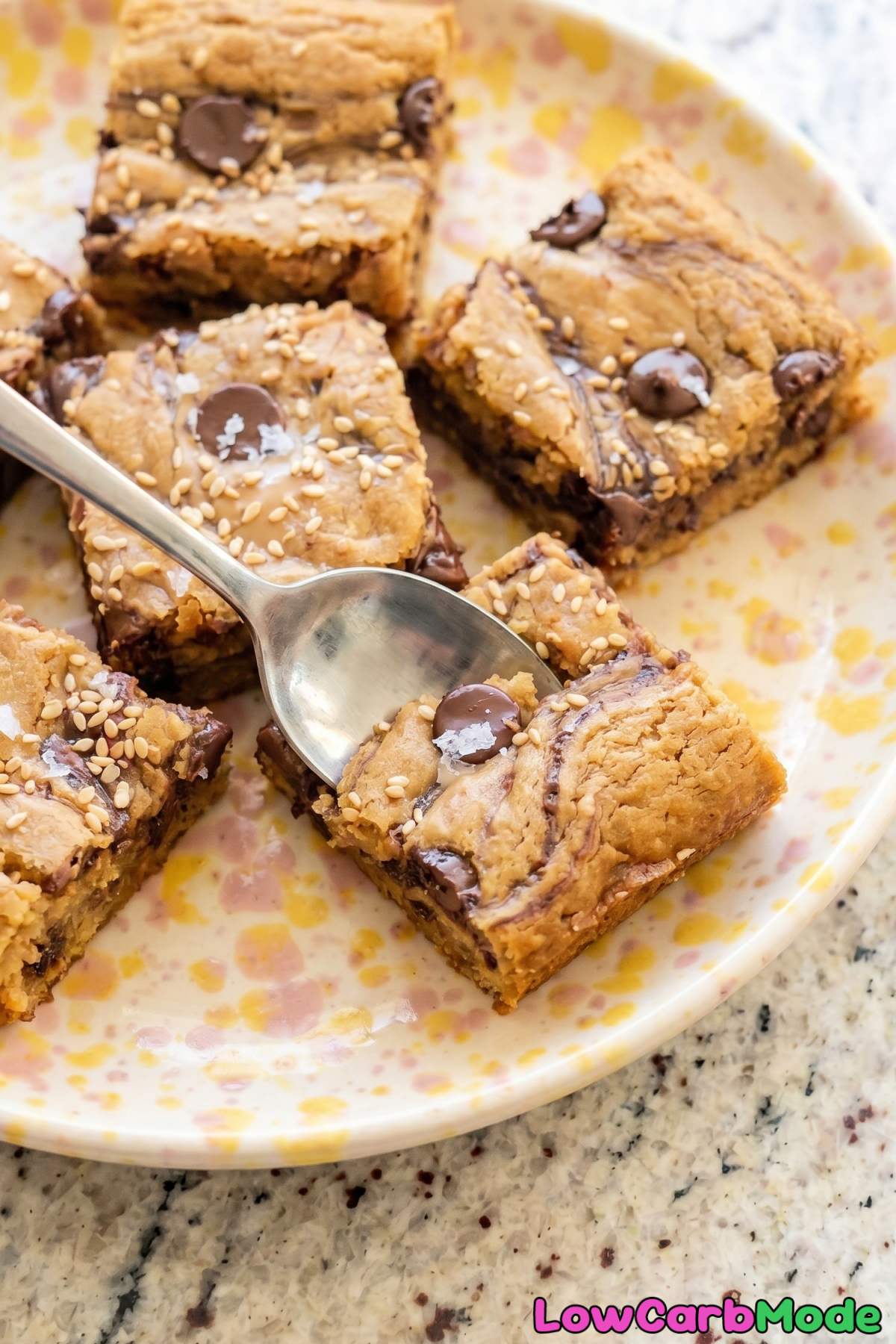 Rich keto tahini blondies sliced