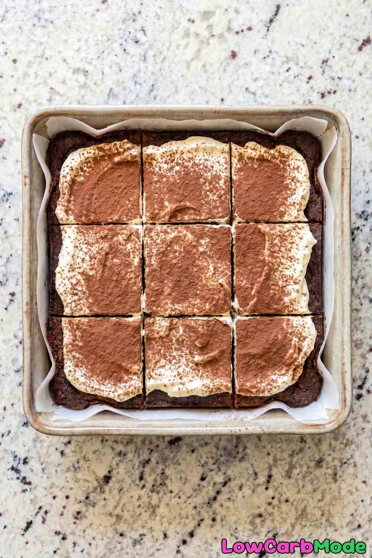 Velvety keto tiramisu brownie bars plated