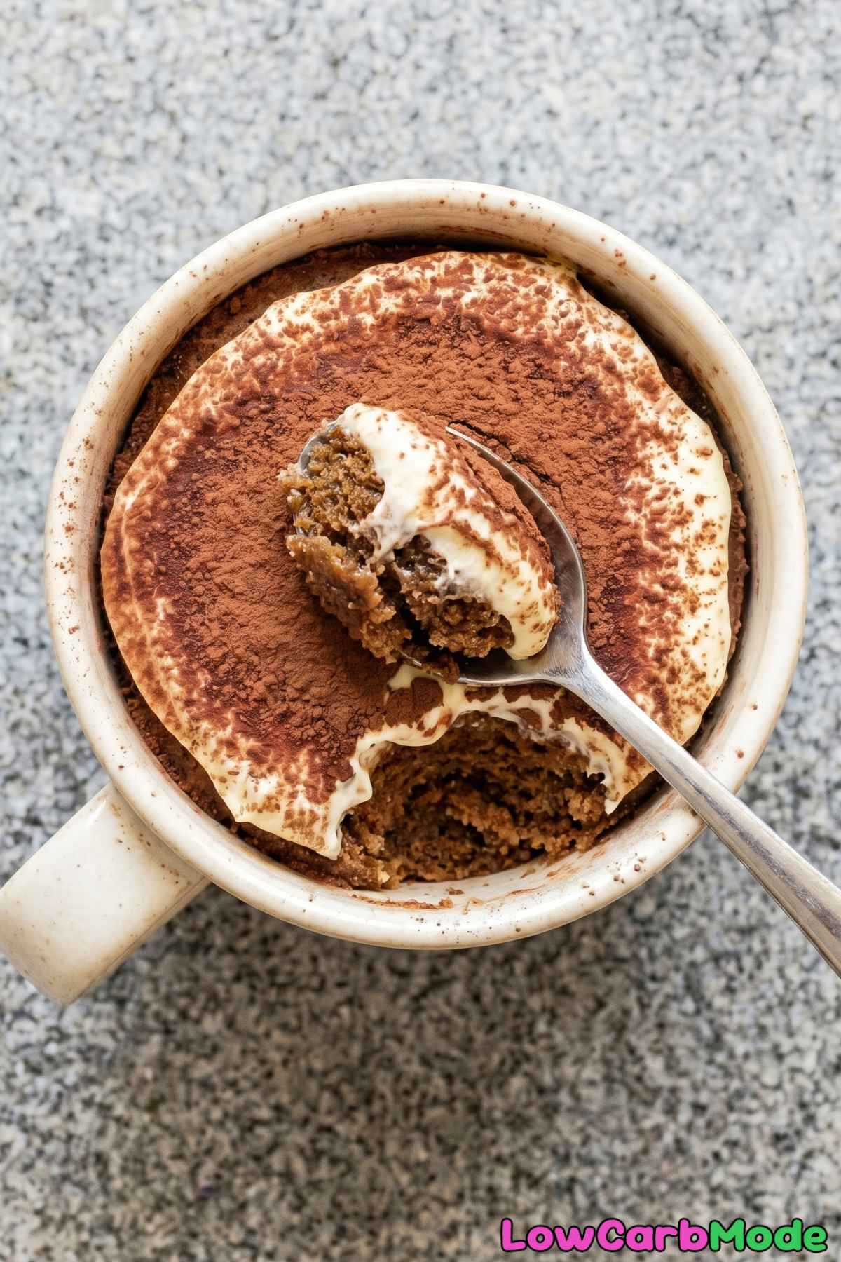 Rich keto tiramisu mug cake on a table