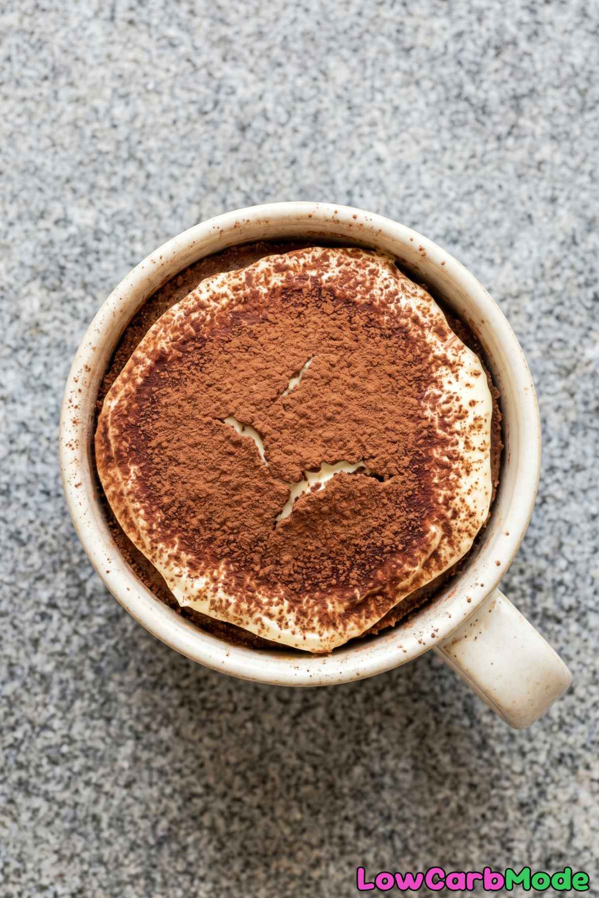 Fluffy keto tiramisu mug cake close-up