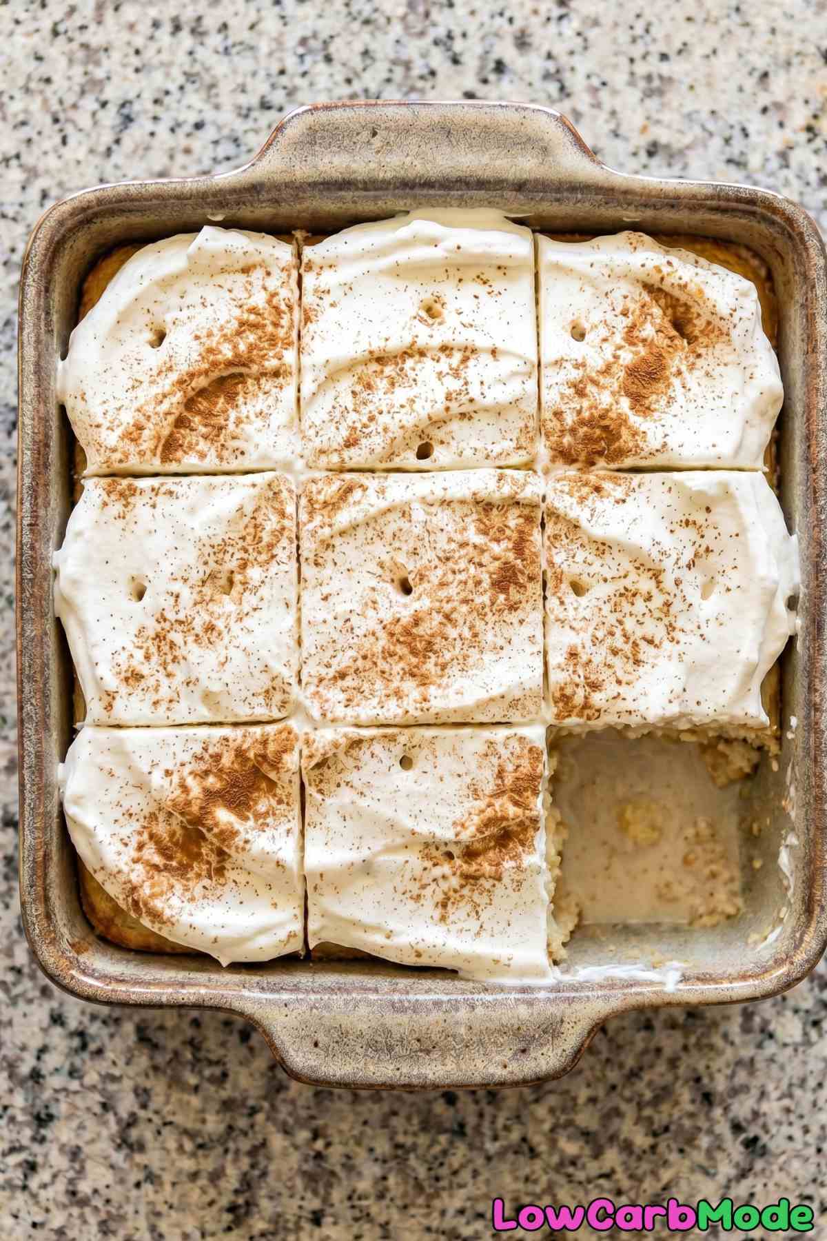 Decadent keto tres leches cake serving