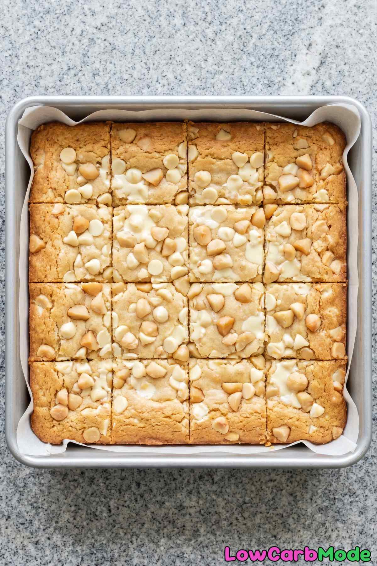 soft keto white chocolate blondies stacked