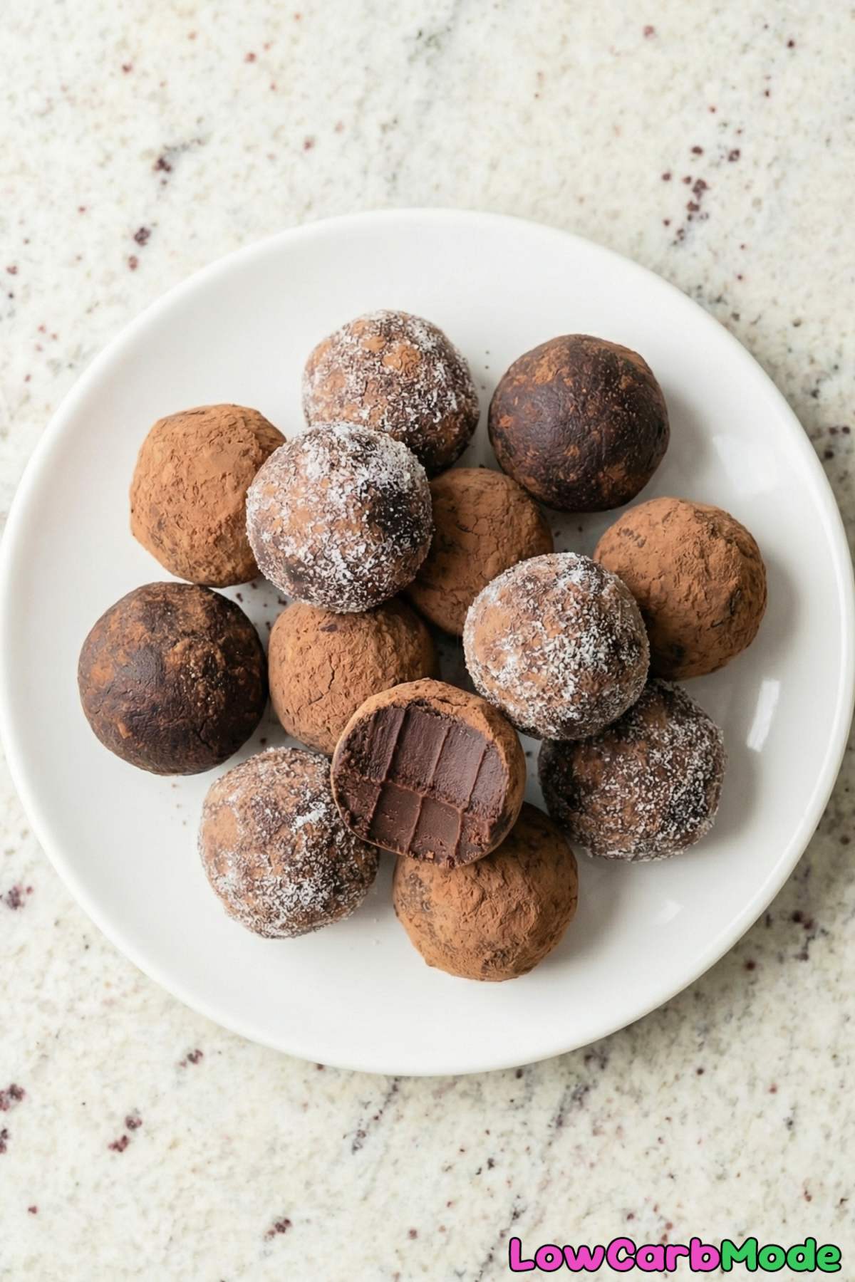 Dusted low carb chocolate truffles closeup