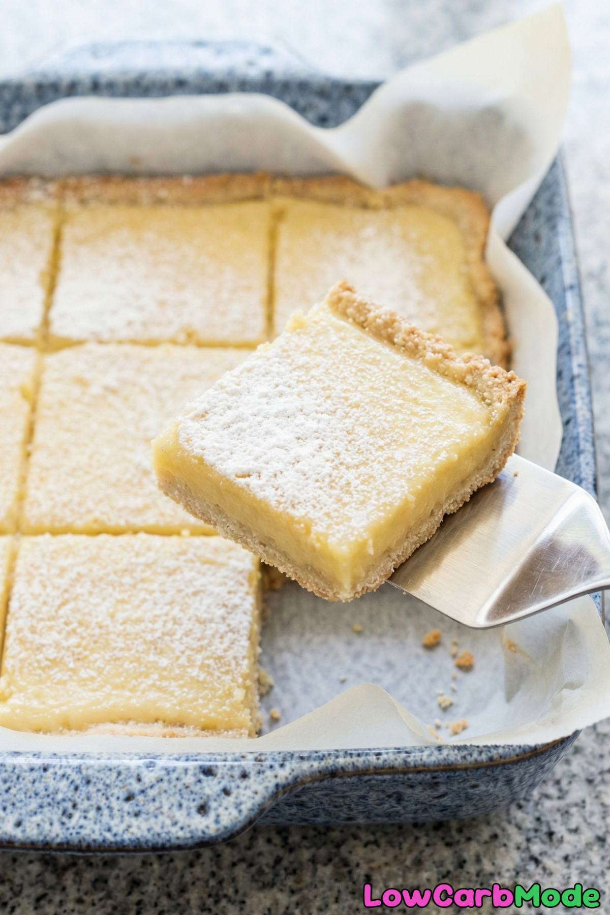 Bright low carb lemon bars with powdered top